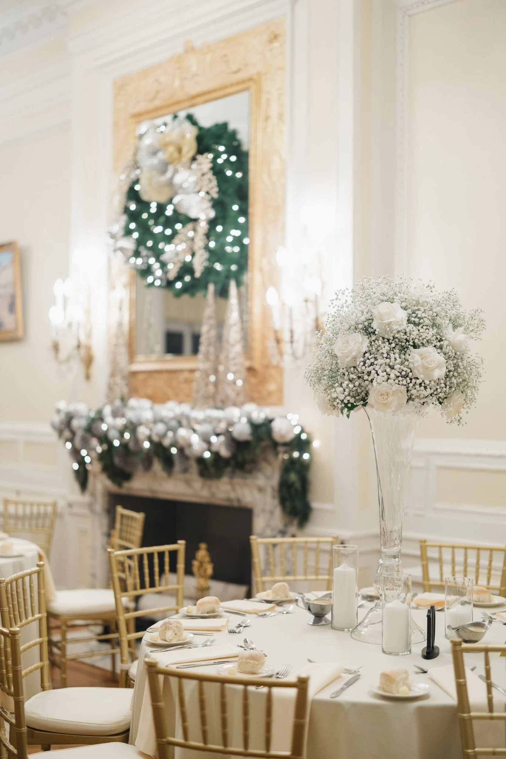 Reception details at Aldrich Mansion winter wedding