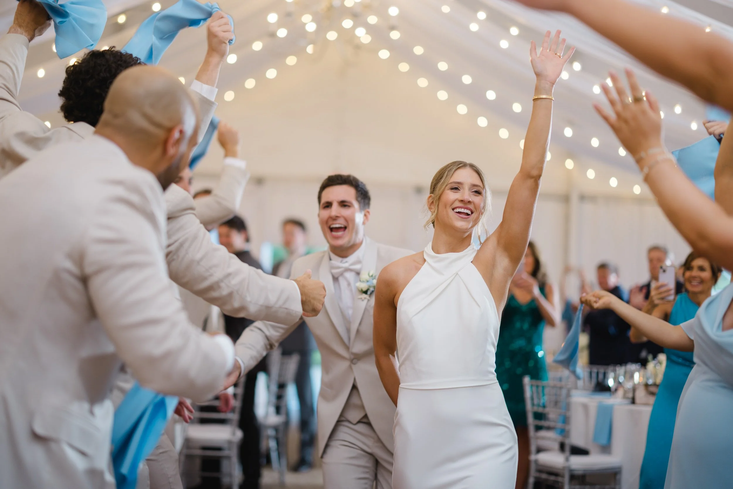Elegant summer wedding reception overlooking the ocean.