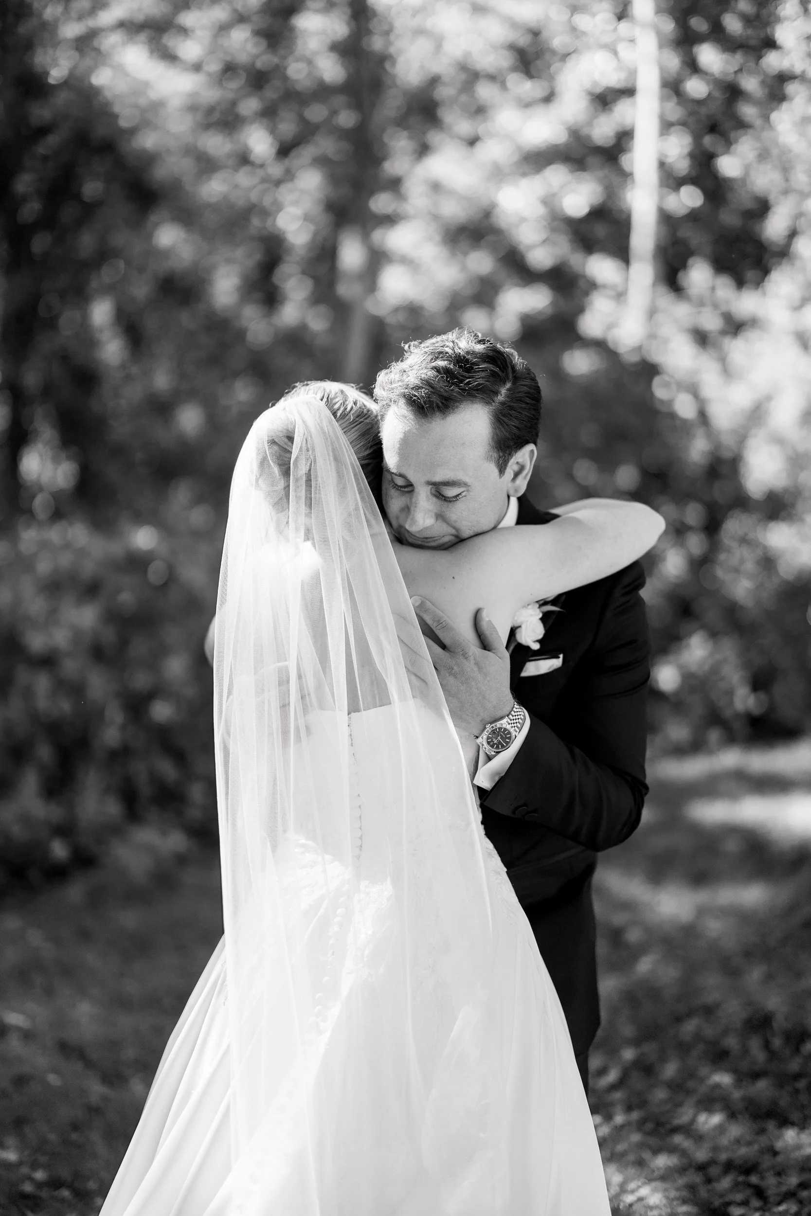 Emotional first look between the couple at a Cape Cod wedding.