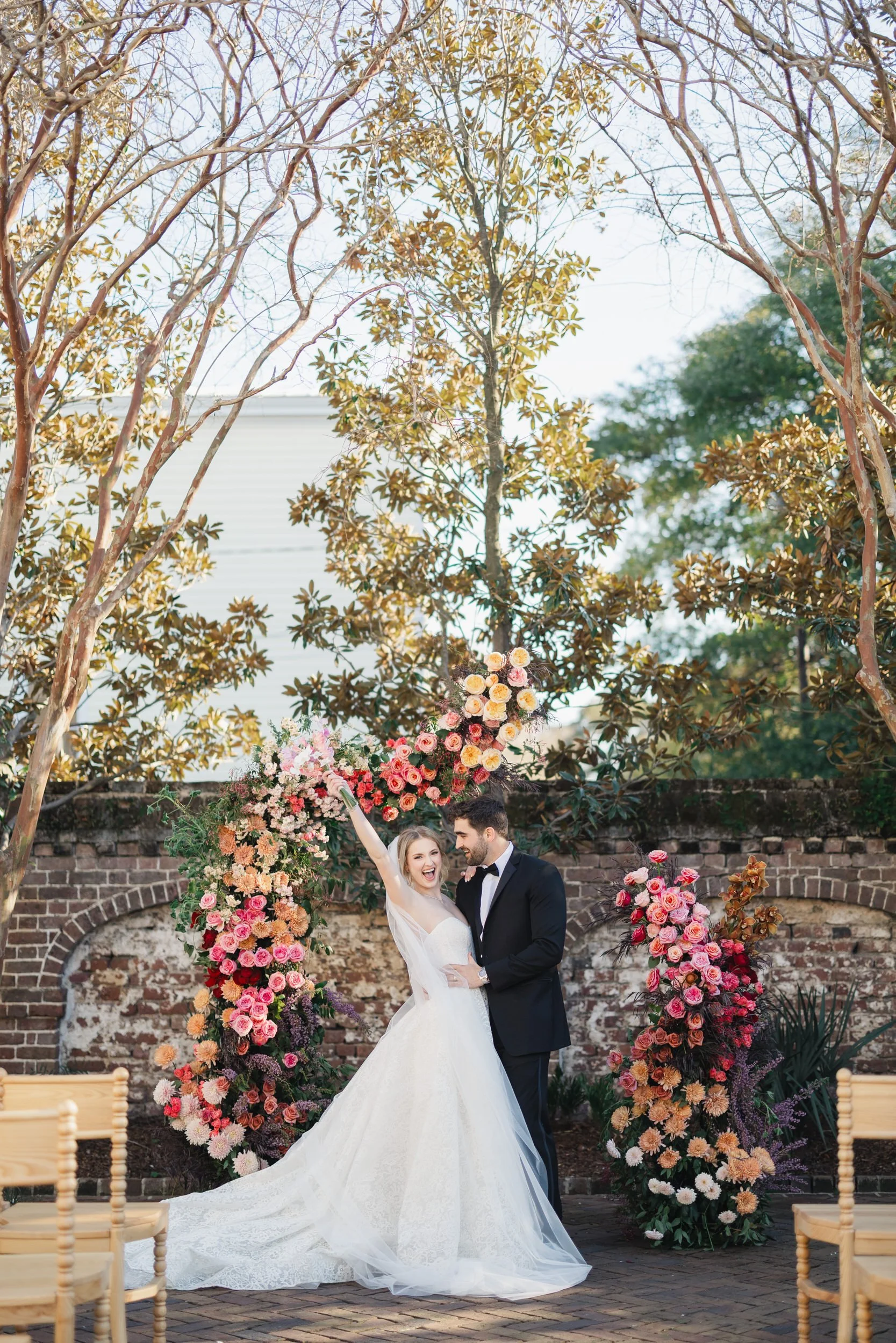Bride and groom portrait at their spring ceremony at The Gadsen House in Charleston, South Carolina