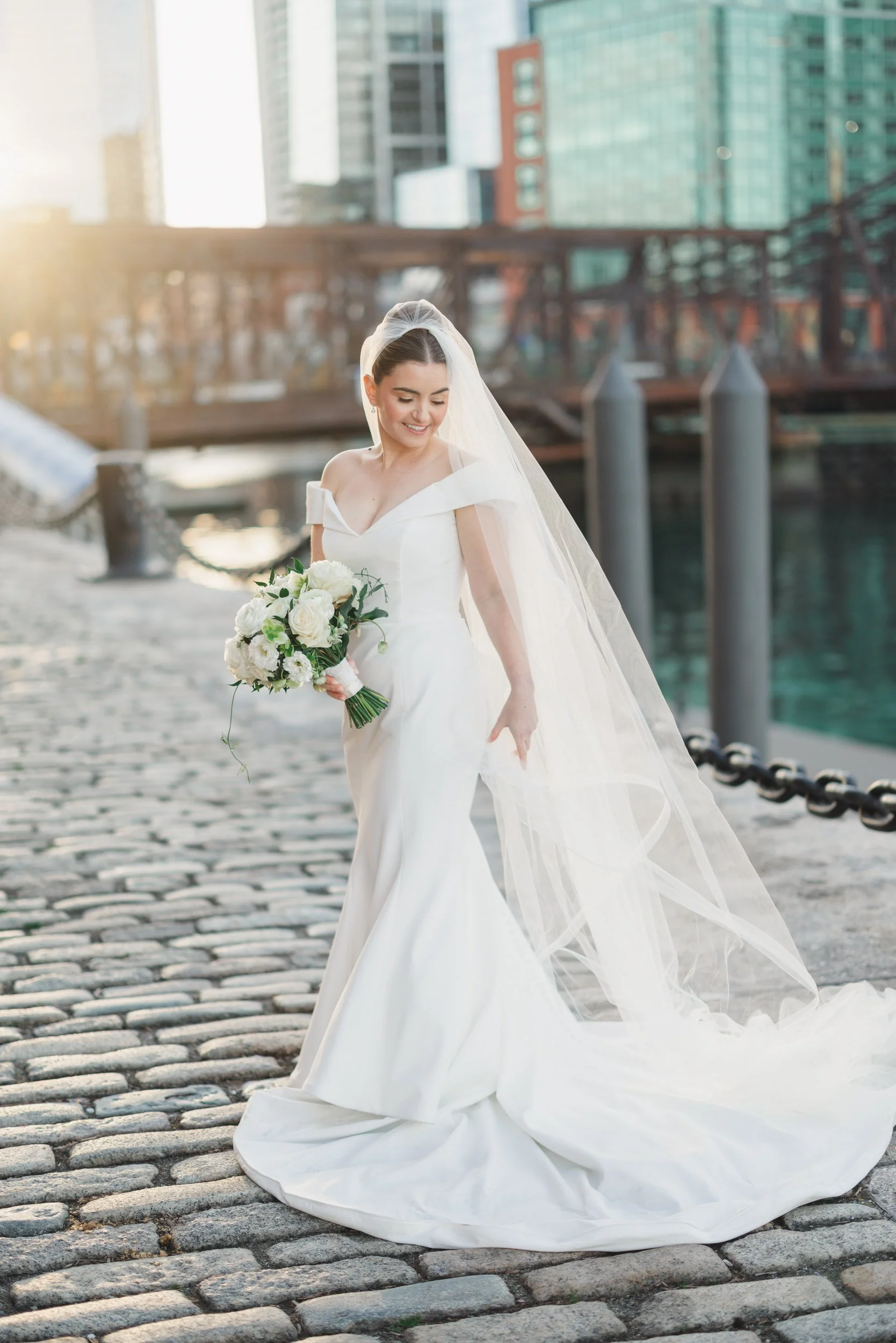 Romantic sunset couple portraits at Fan Pier Park