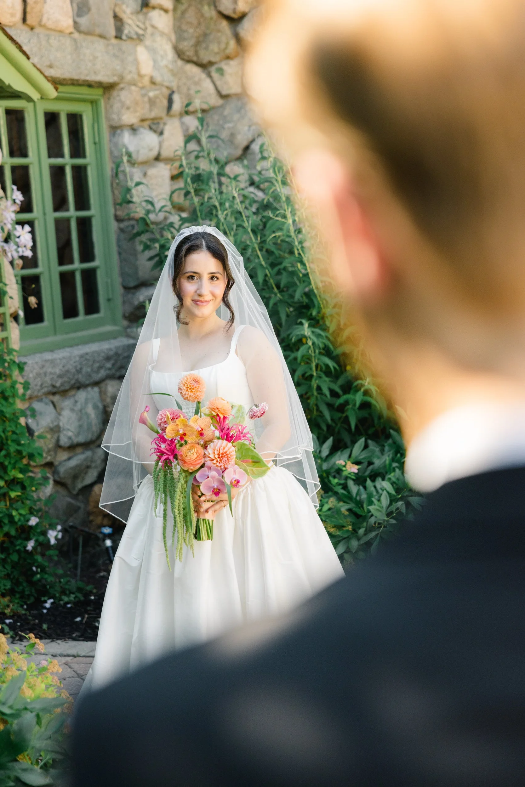 Bride and groom portraits in estate gardens during Massachusetts summer wedding at Willowdale Estate