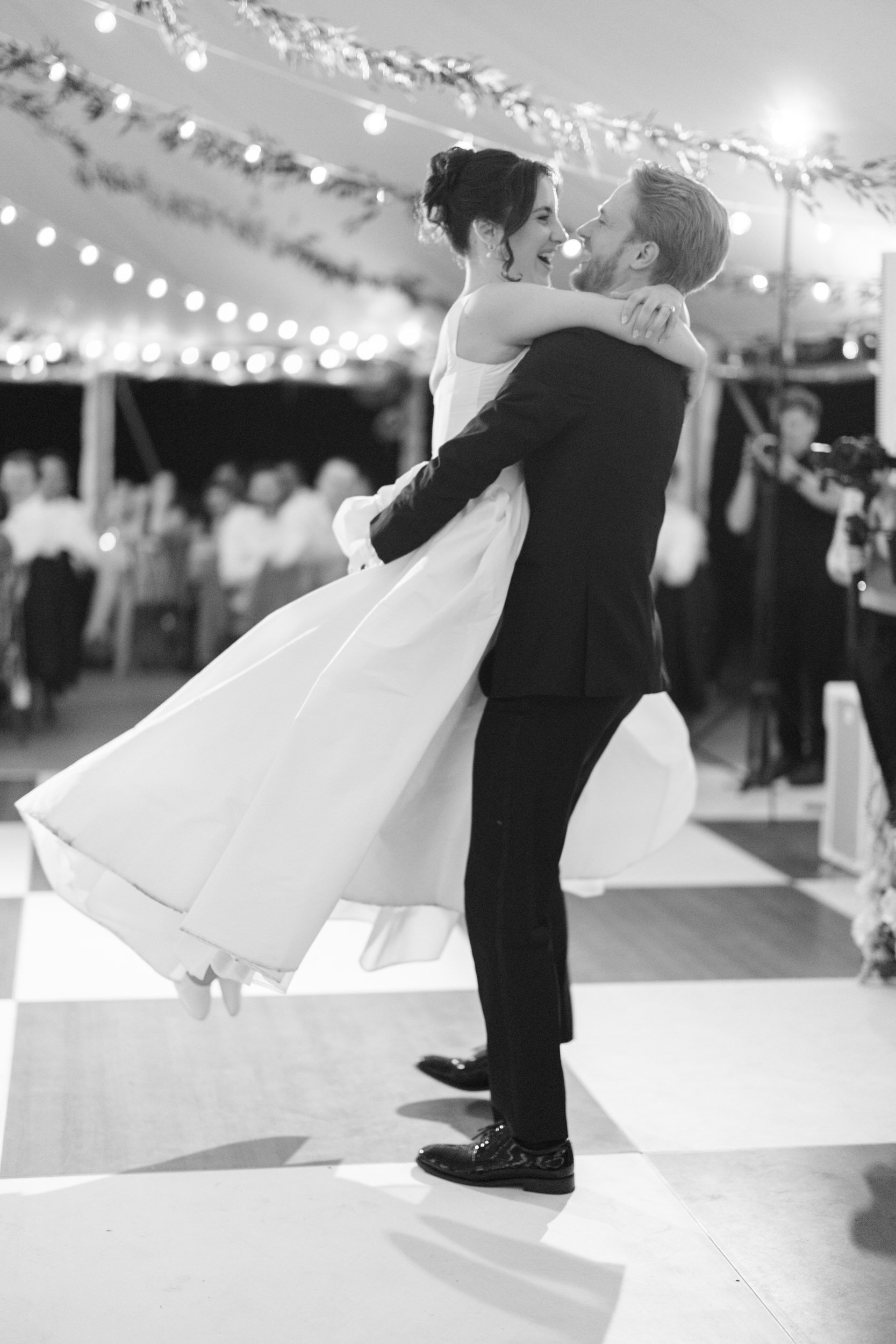 Bride and groom first dance inside historic estate reception space in Topsfield MA