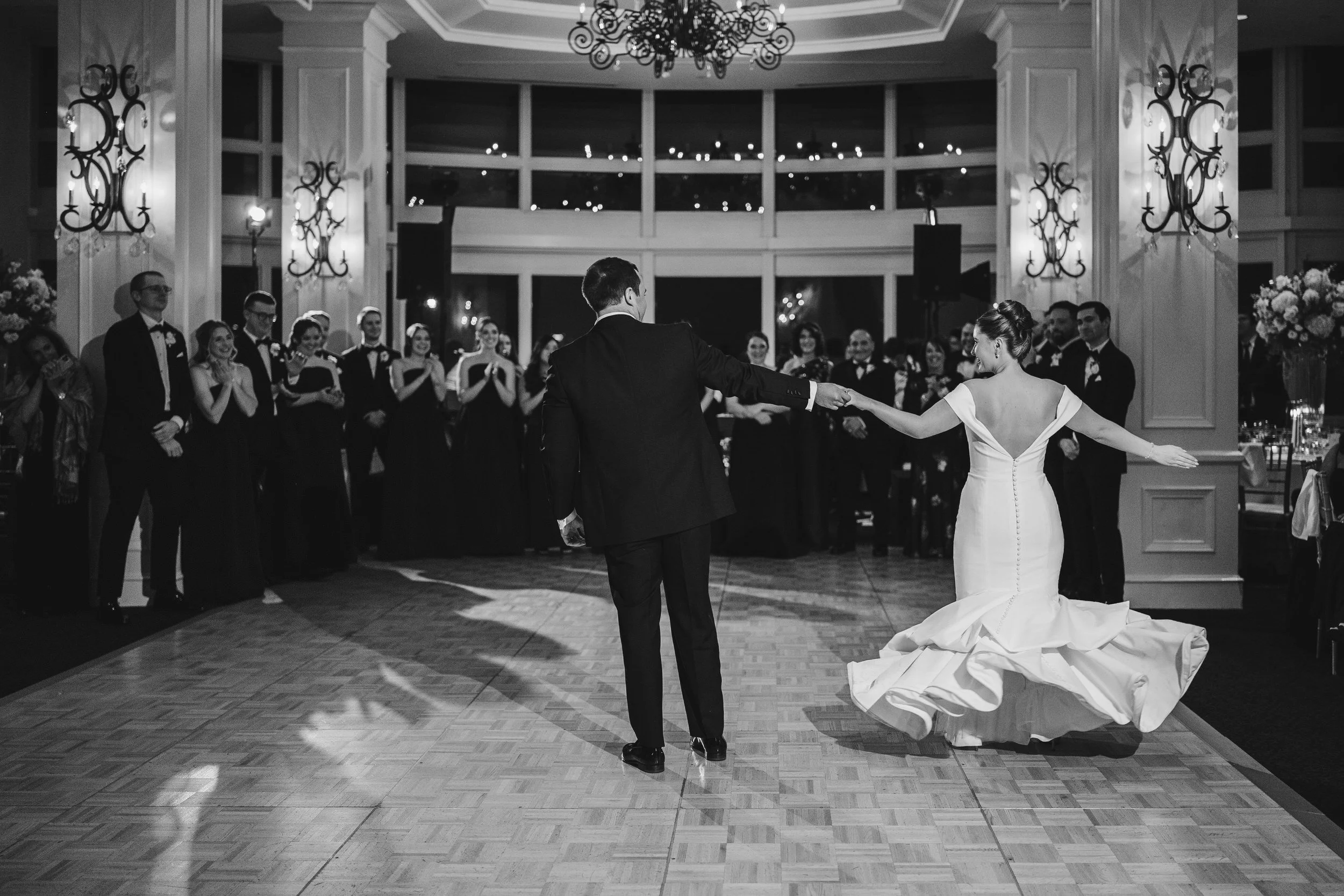 Bride and groom dancing in the Boston Harbor Hotel ballroom