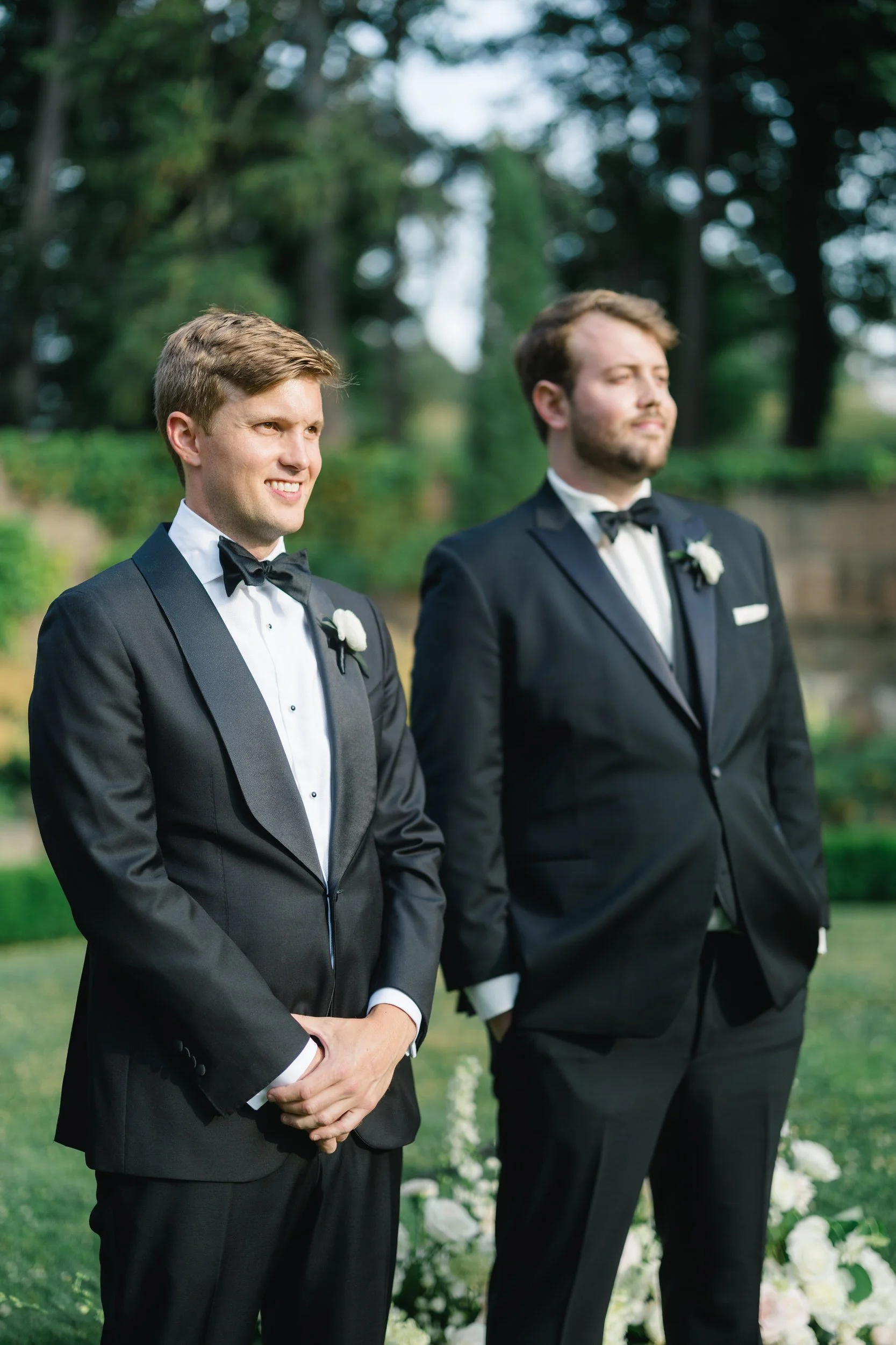 Groom’s reaction as the bride walks down the aisle at the Italian Garden ceremony at Crane Estate.