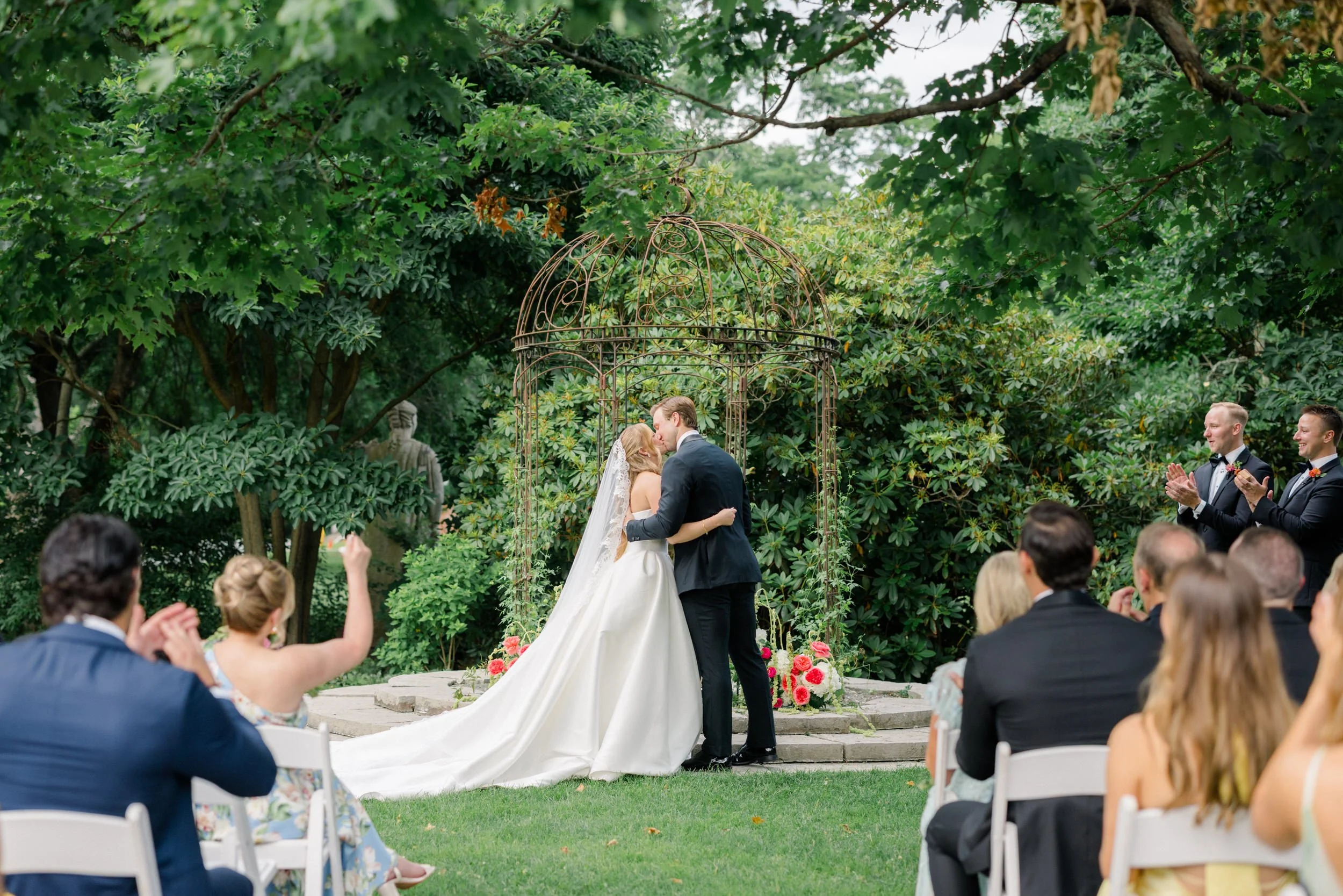 Newlyweds celebrating their marriage at a Massachusetts garden wedding