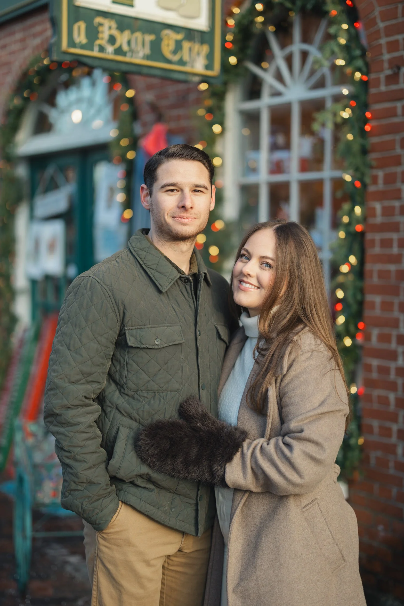 Film-inspired winter engagement session in Newburyport by the harbor.