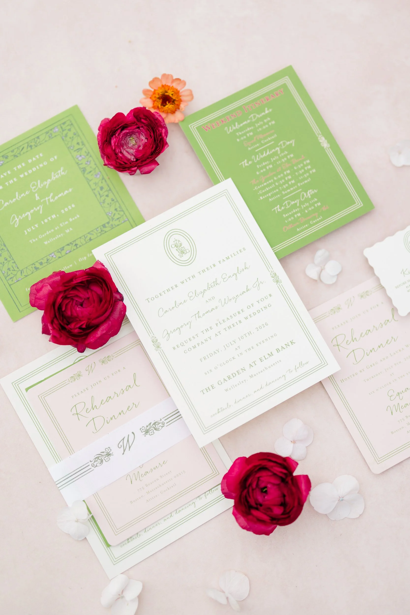 Fine art flat lay photographed for a Massachusetts garden wedding