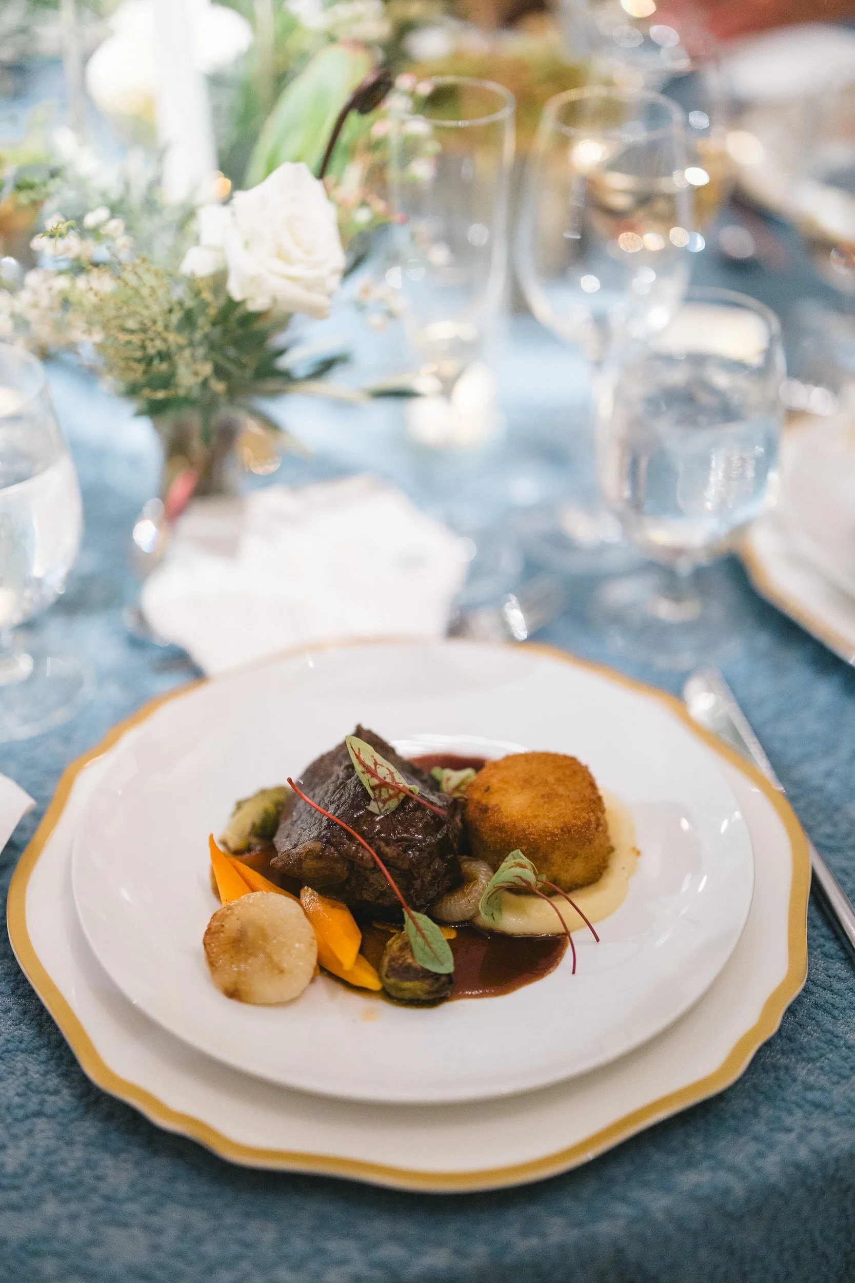 Multi-course dinner presentation during an elegant Boston Athenaeum event