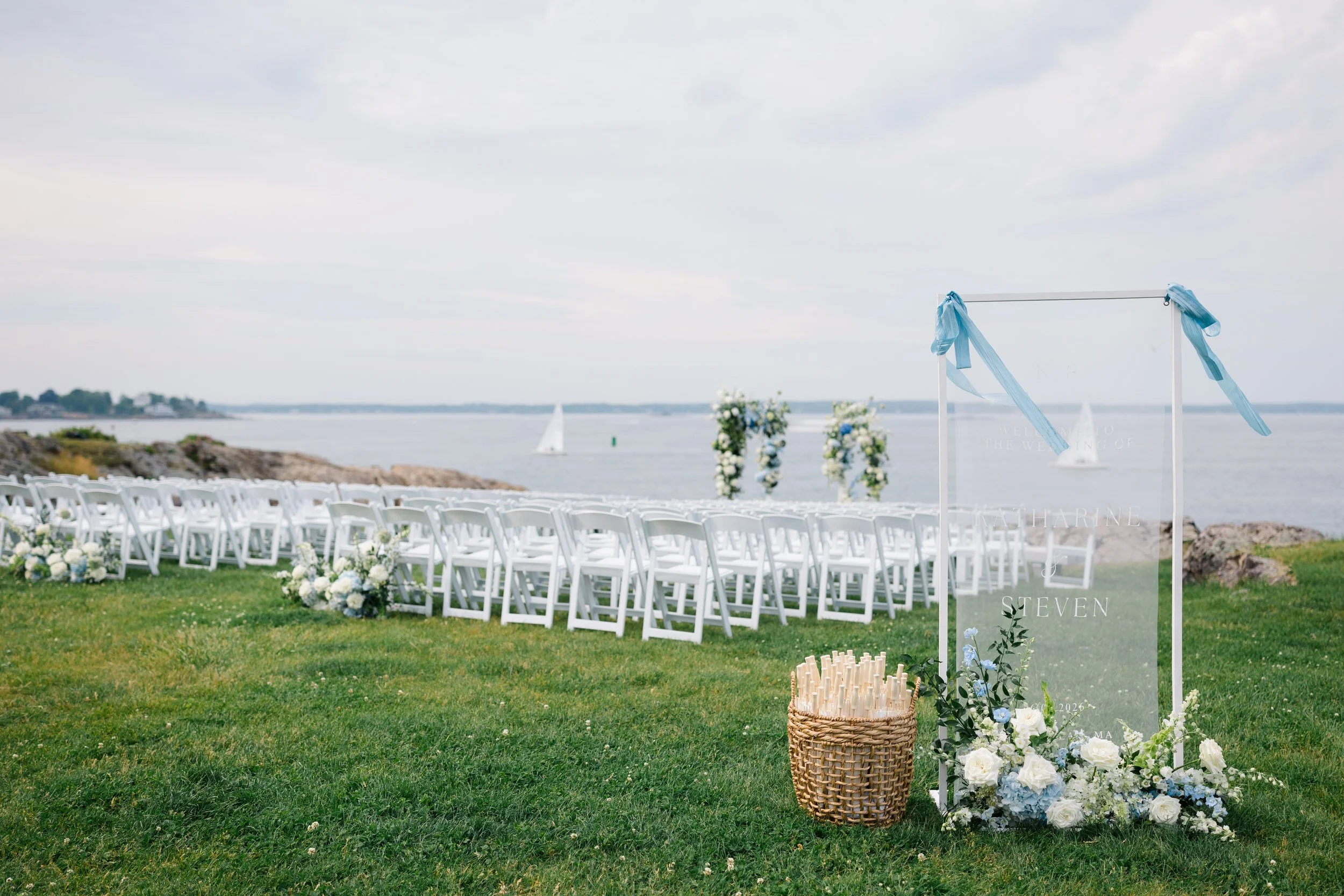 Ceremony details from a Corinthian Yacht Club Marblehead wedding featuring a modern chuppah overlooking Marblehead Harbor.
