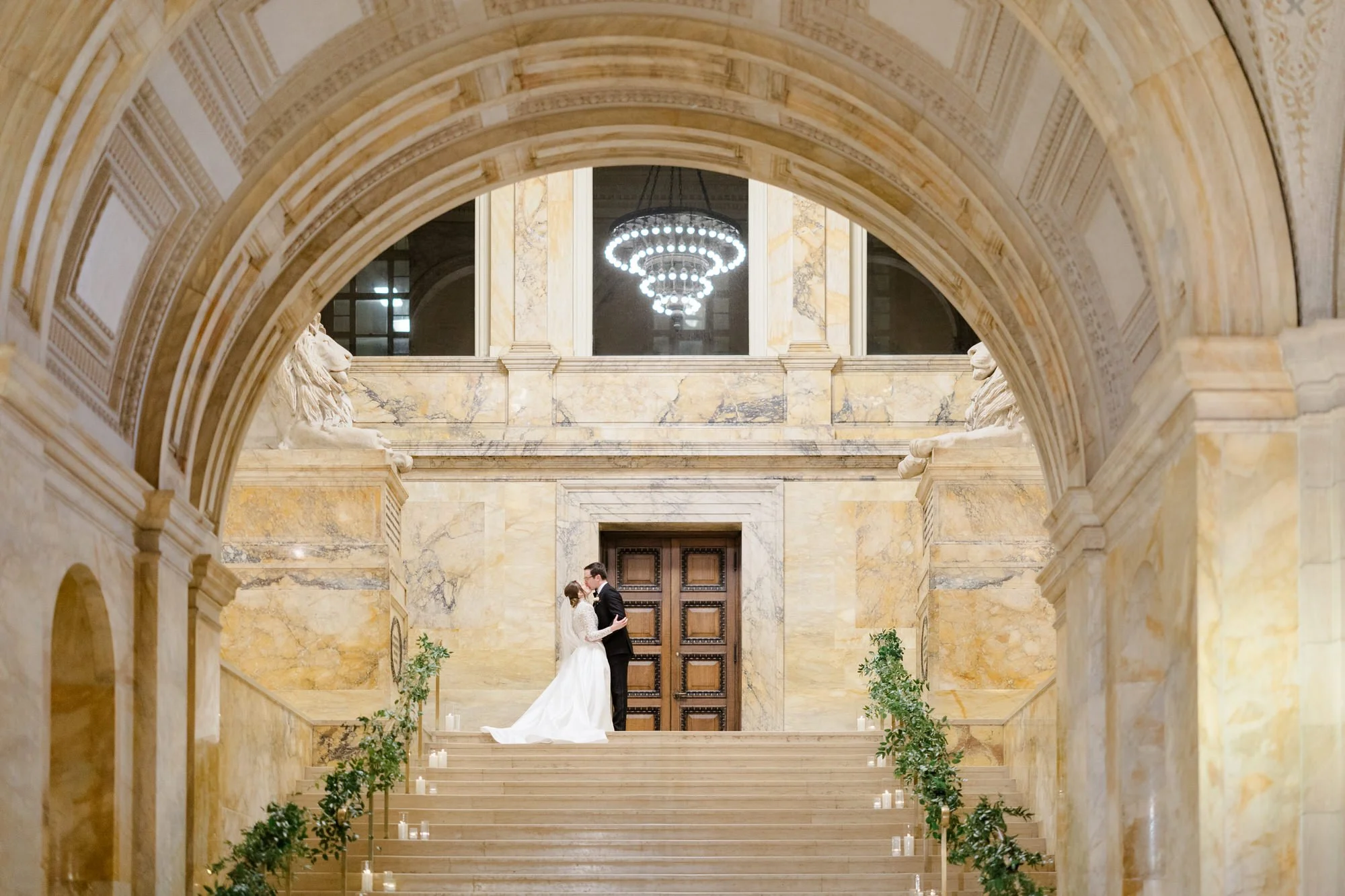 Couple portraits on the grand stairs at Boston Public Library Wedding