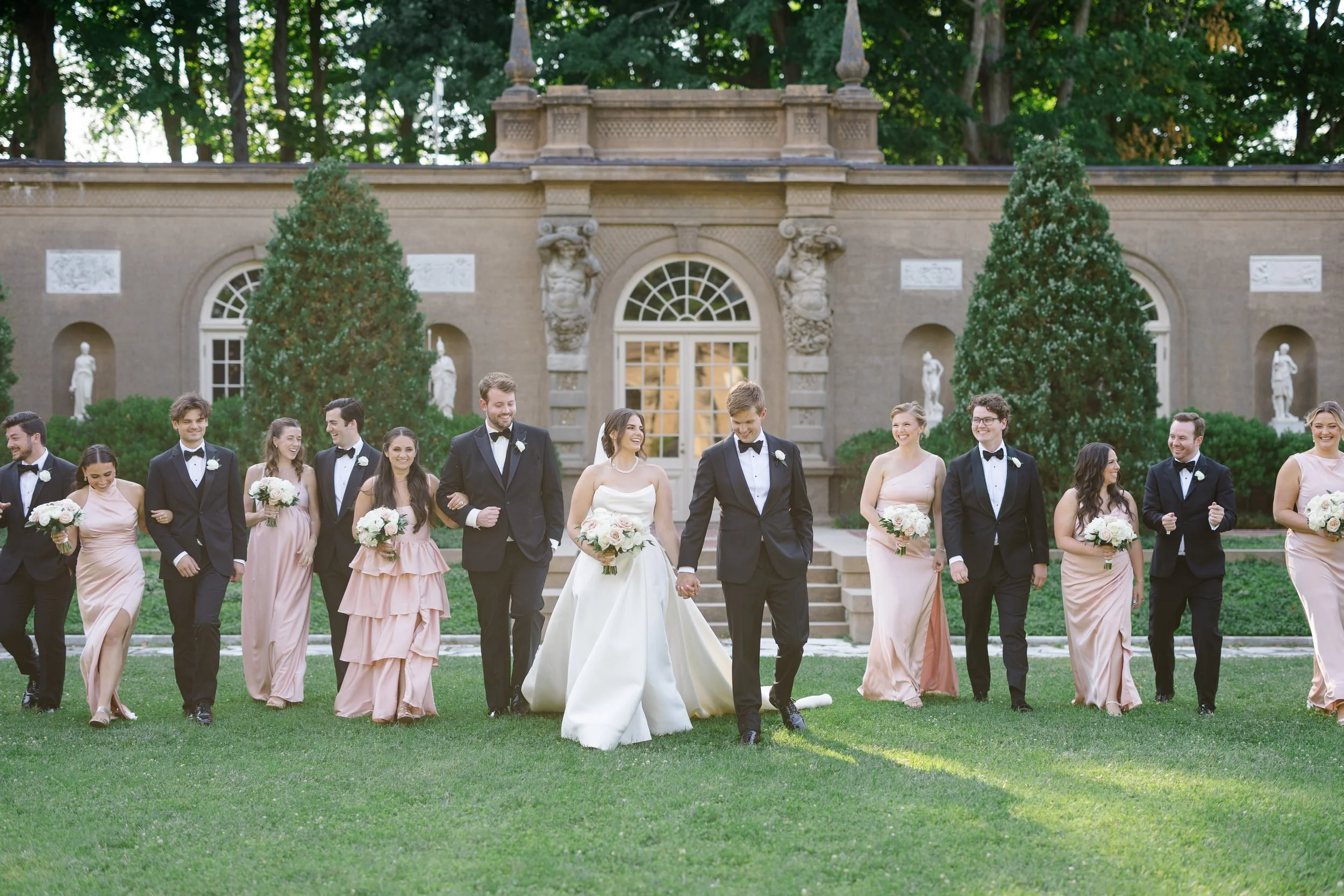 Wedding party portraits outside the Casino at Castle Hill on the Crane Estate in Ipswich, Massachusetts.