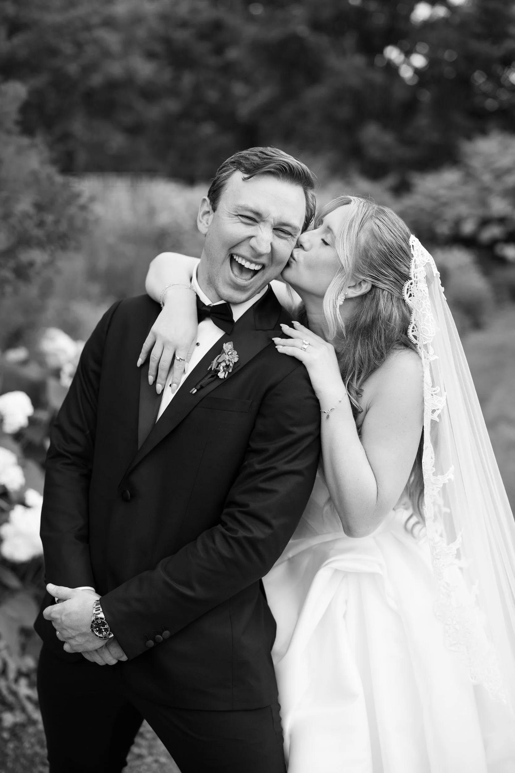 Bride and groom candid sunset portraits at The Gardens at Elm Bank