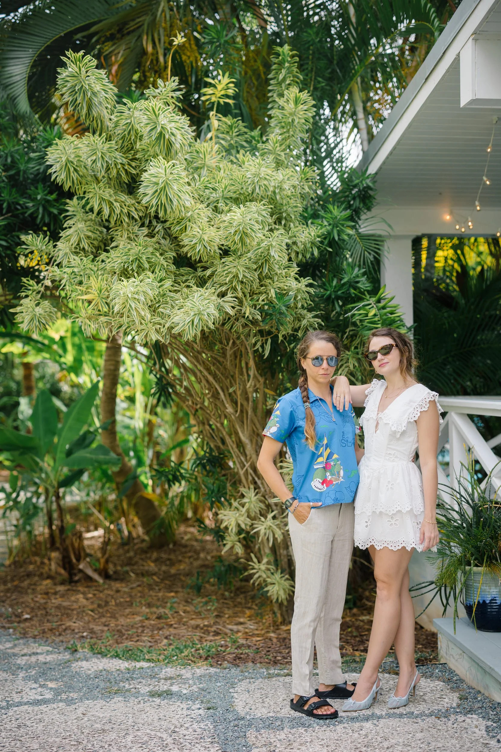 Couple’s portraits in a hand-embroidered Just Married wedding dress in St. Thomas, US Virgin Islands.