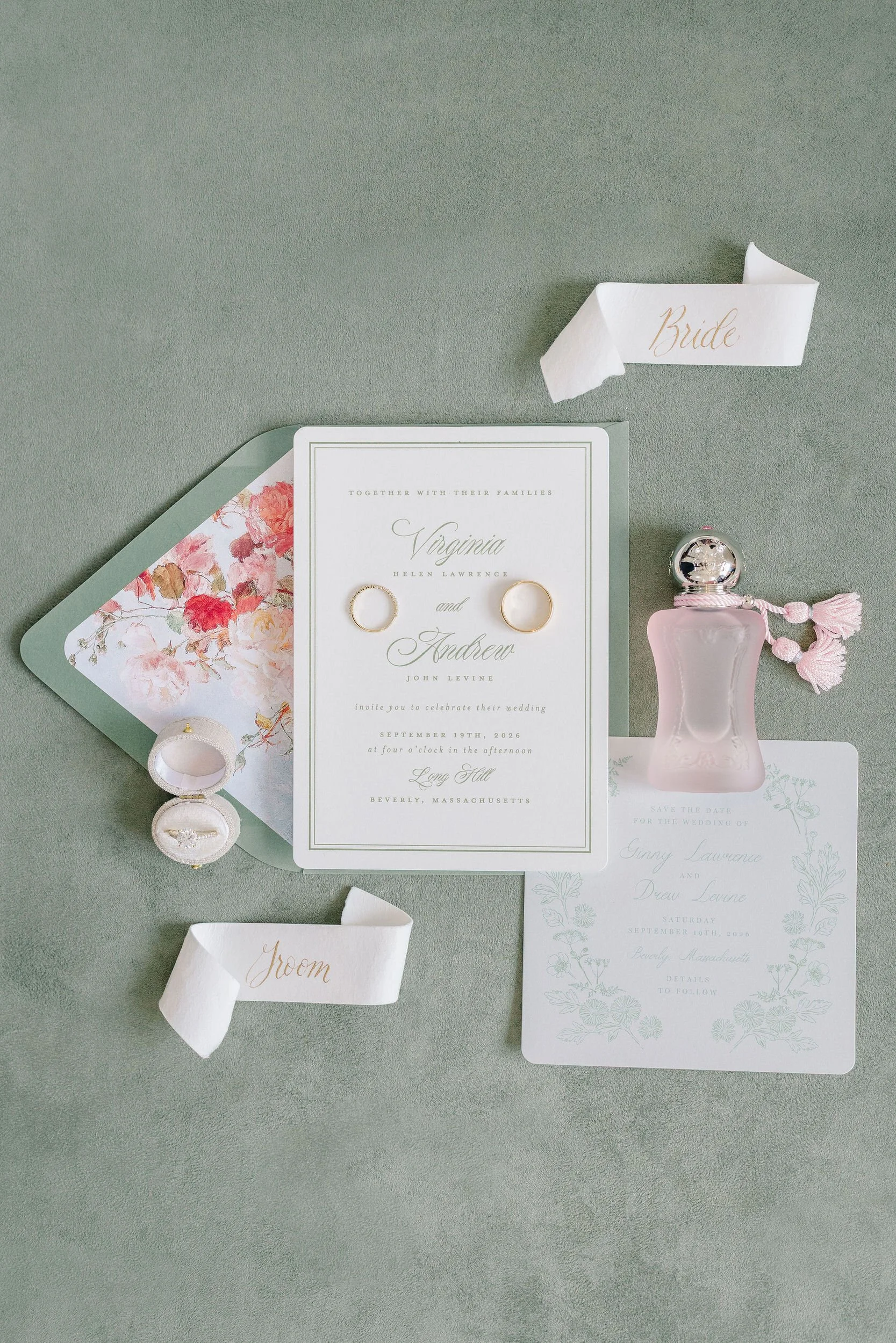 Wedding invitation suite and ring details photographed for a Long Hill wedding in Beverly, Massachusetts.