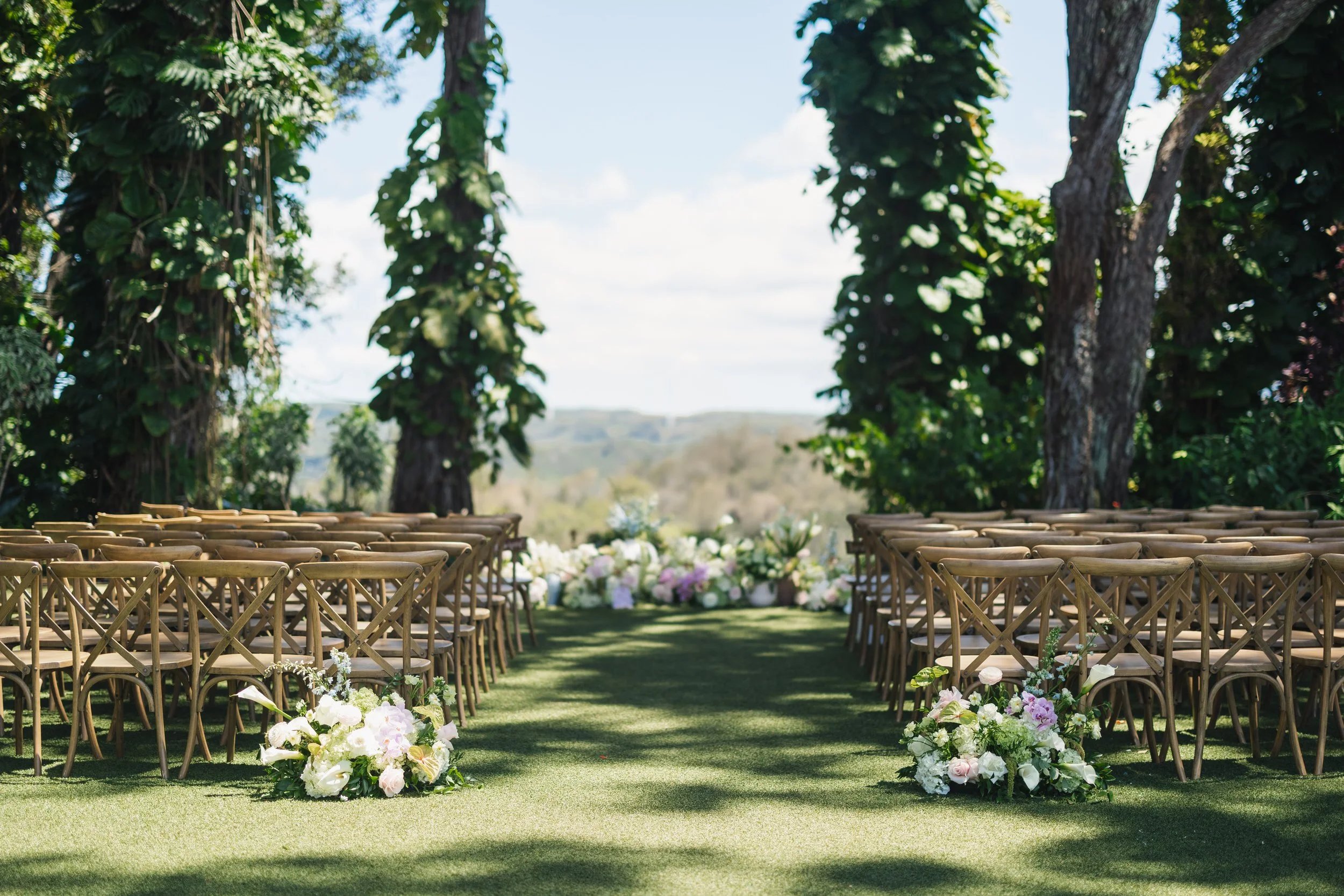 wedding ceremony setup at sunset ranch hawaii with north shore views