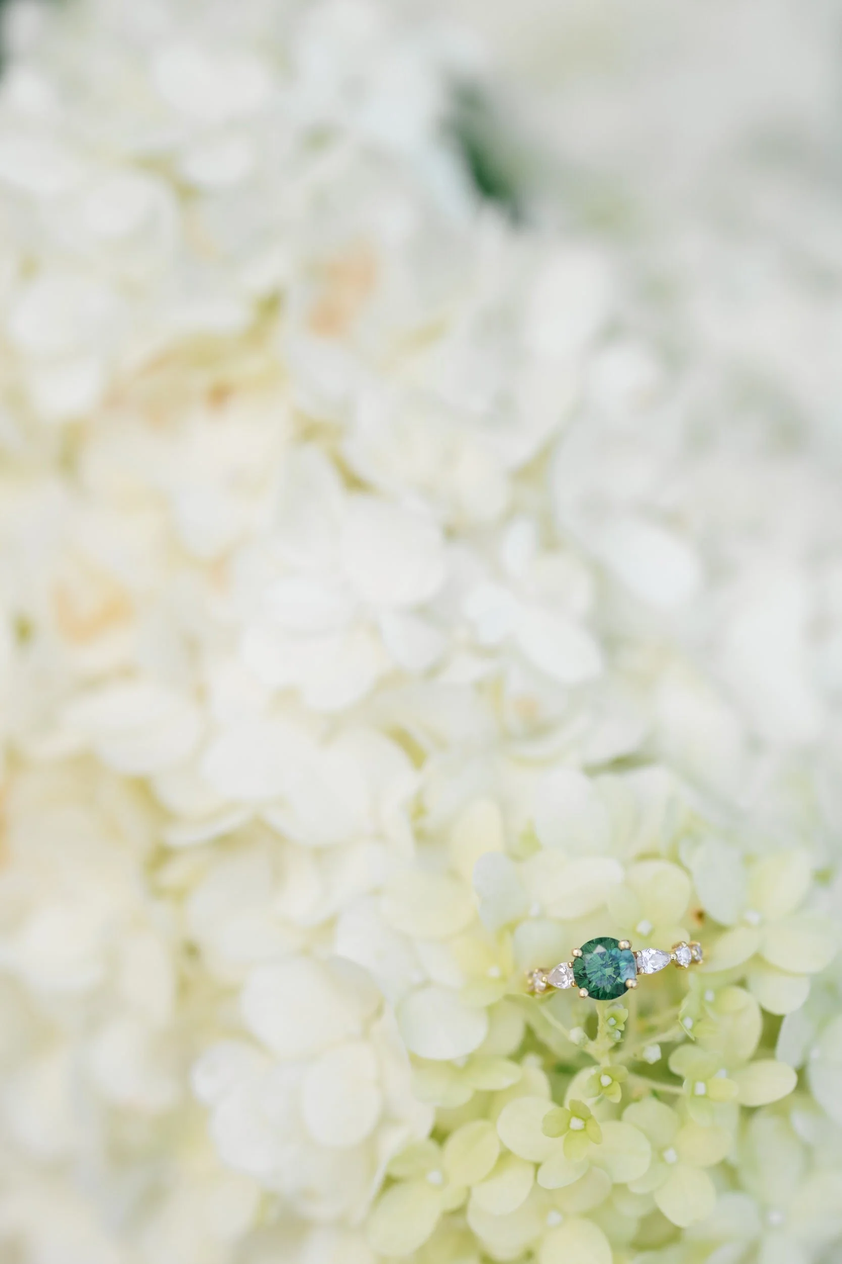 Emerald and diamond engagement ring on white hydrangeas