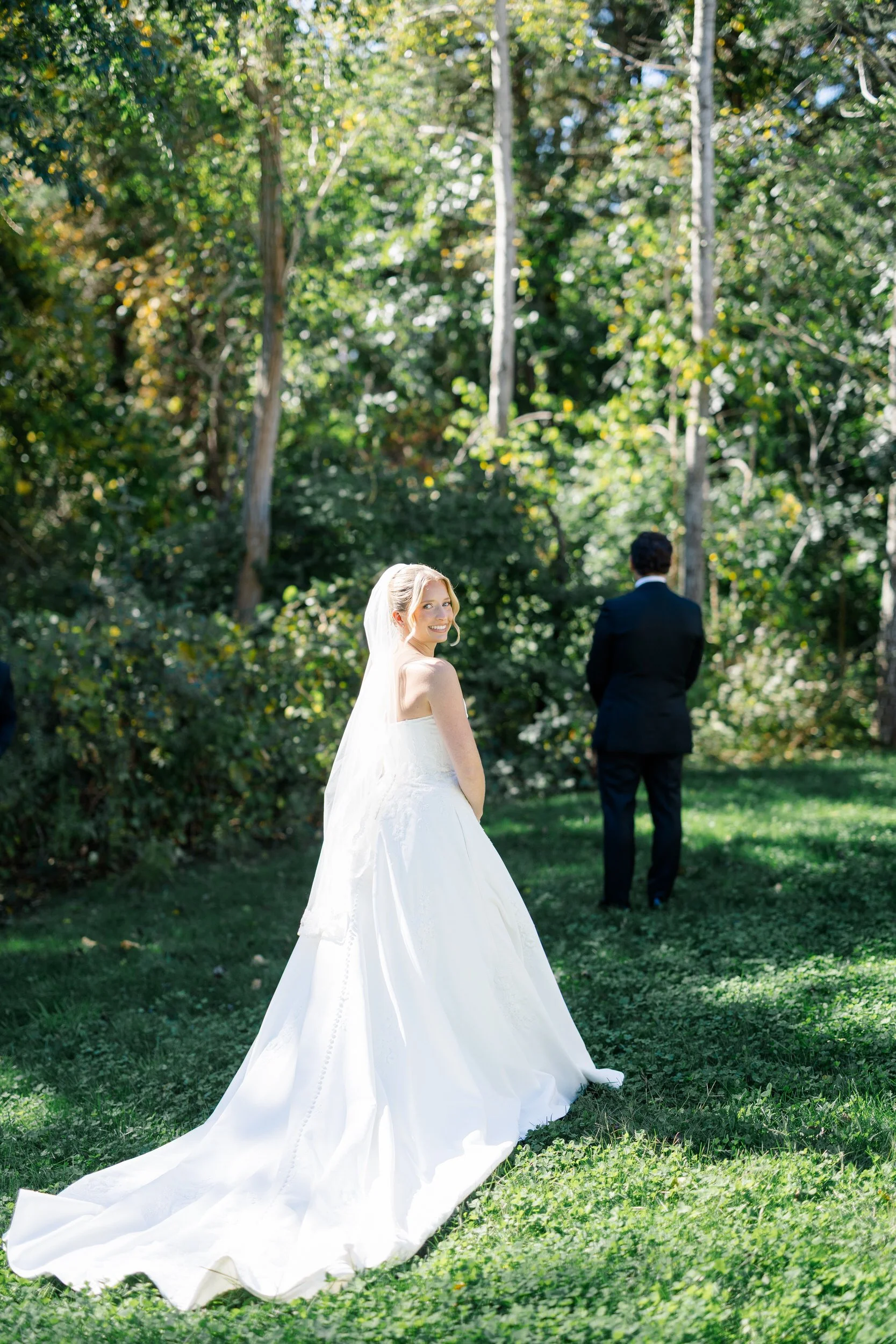 Couple sharing their first look before their Wychmere Beach Club wedding ceremony.