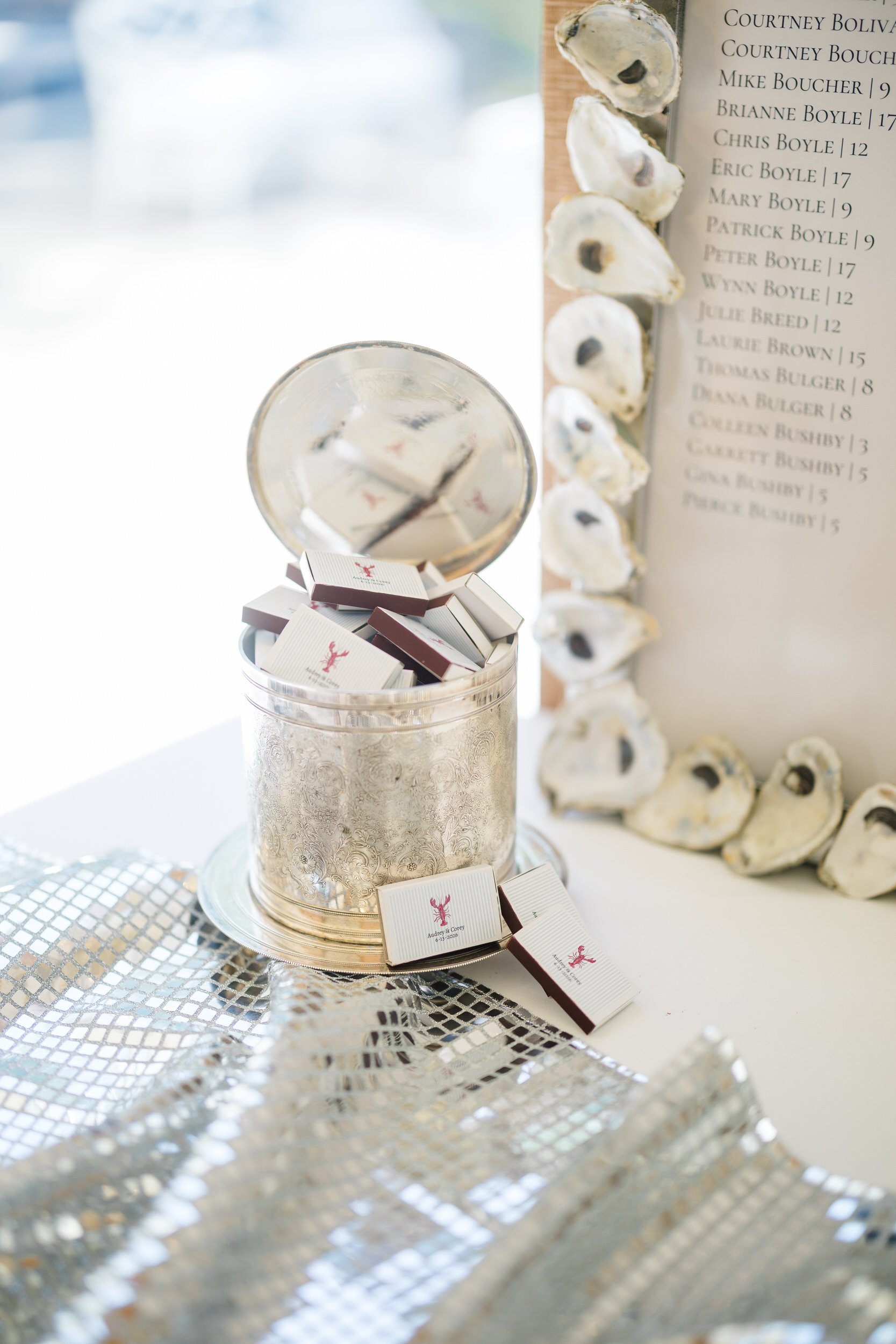 Coastal oyster-inspired reception styling in Cape Cod