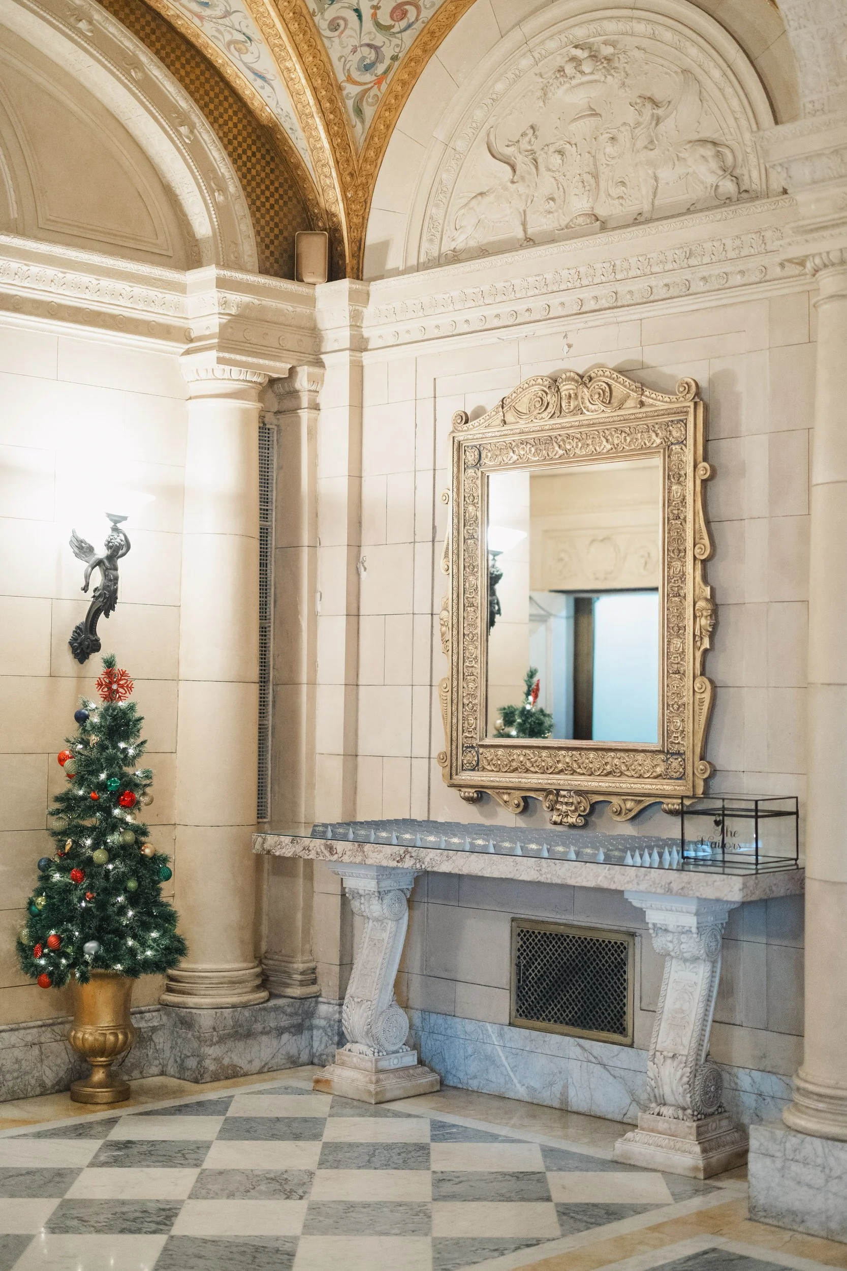 Cocktail hour details during Aldrich Mansion winter wedding