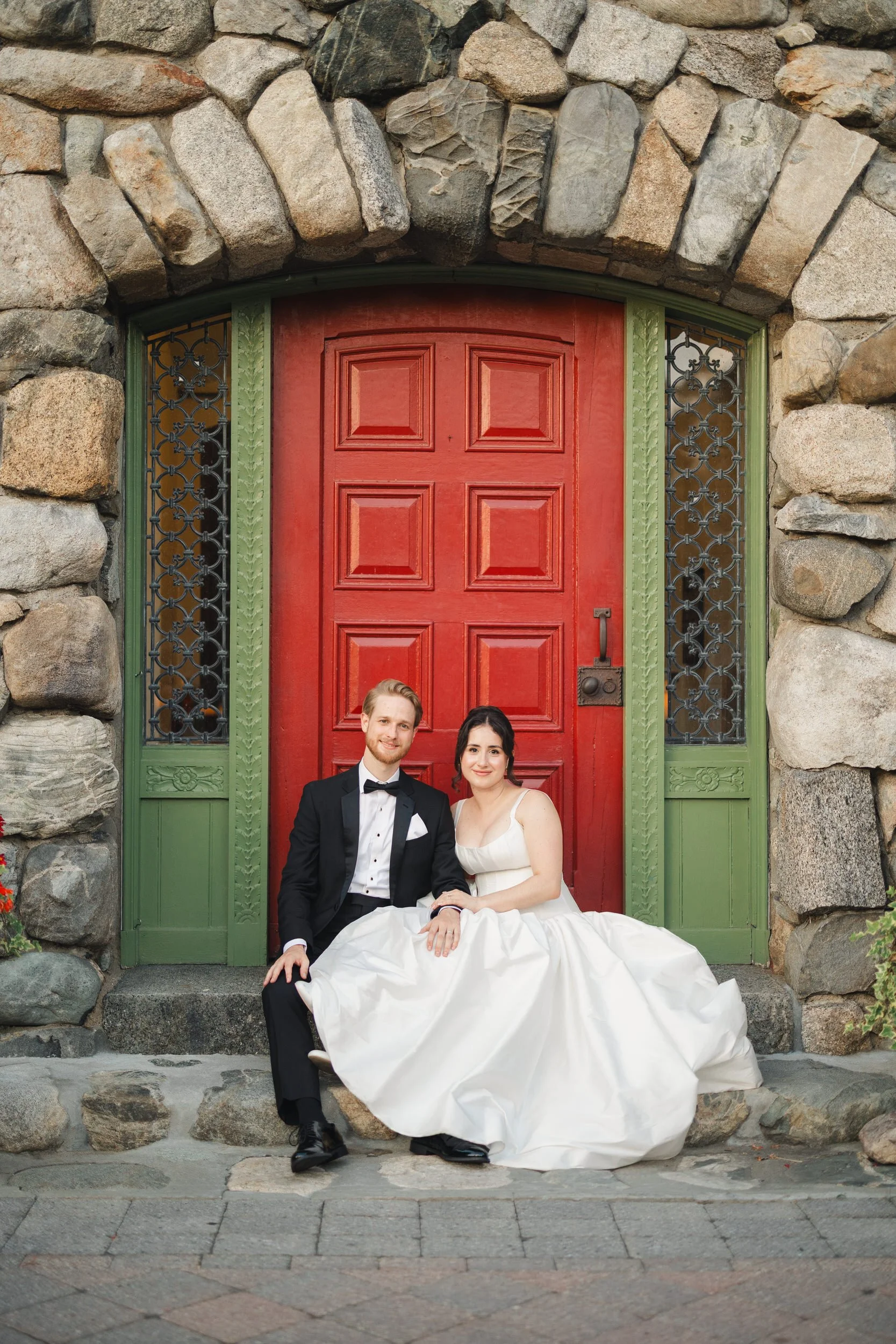 Editorial sunset portraits featuring basque waist gown and black tuxedo at Willowdale Estate
