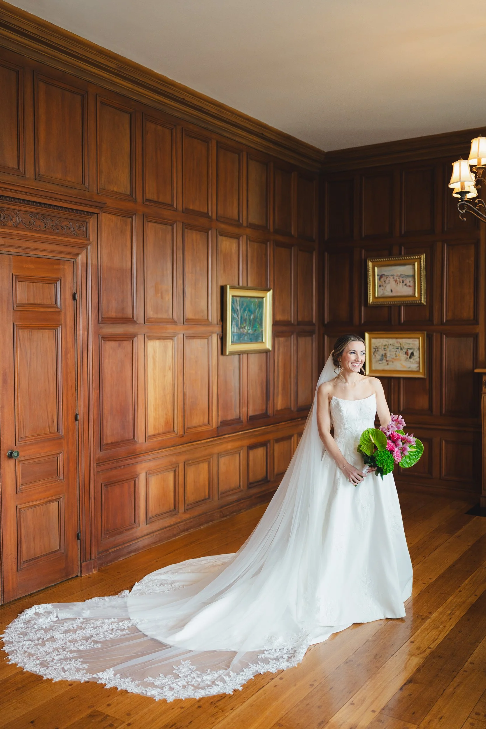 Elegant bride portraits inside historic coastal Massachusetts estate