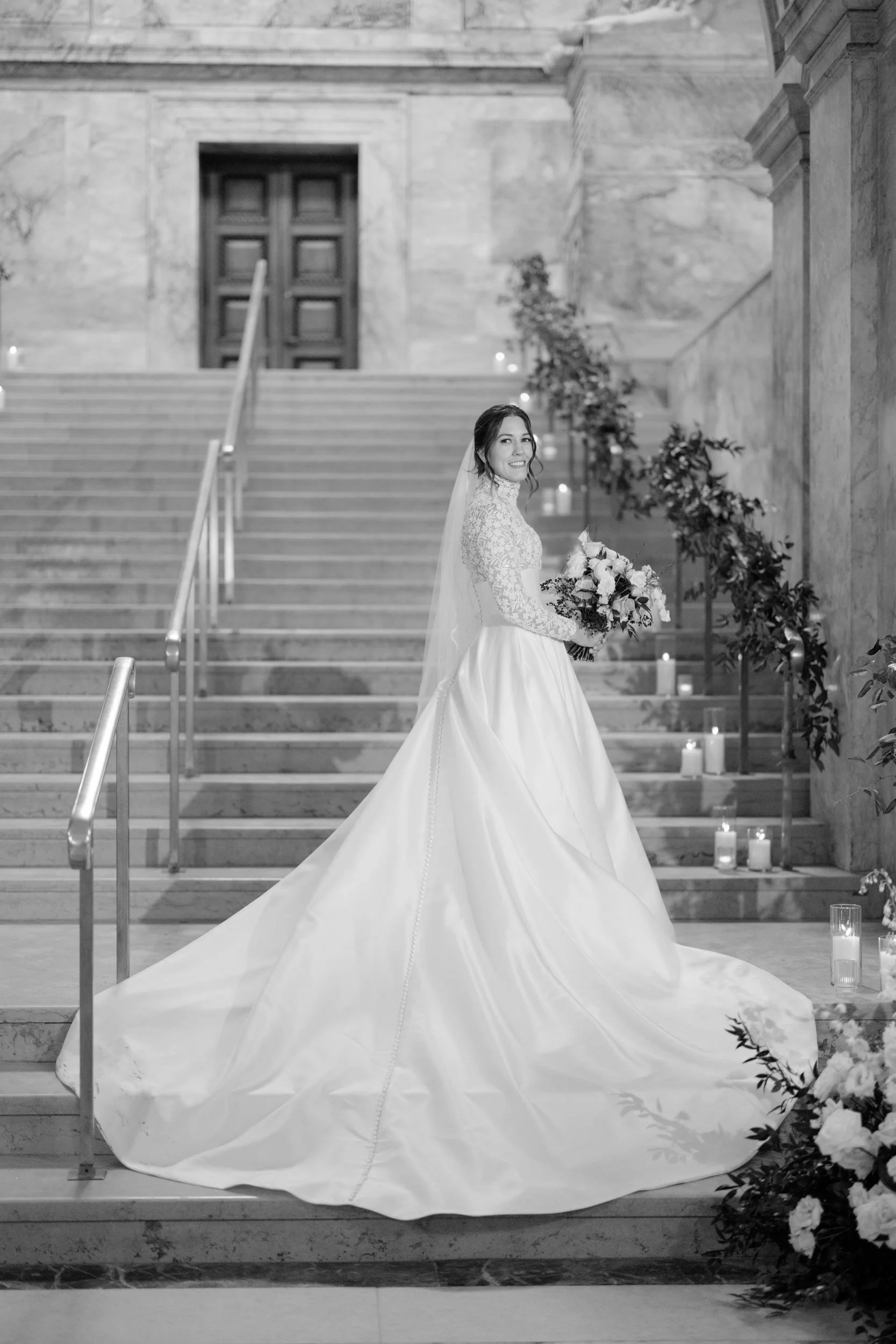 Bridal portrait on stairs at Boston Public Library Wedding