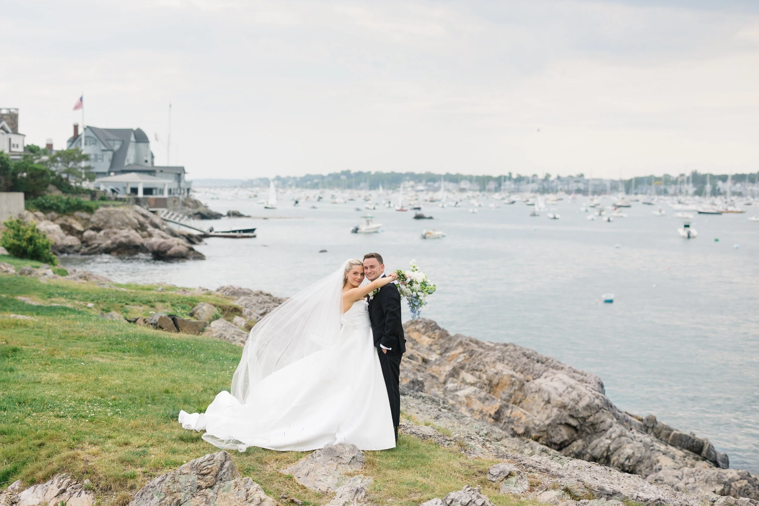 Timeless New England wedding portraits overlooking the coastline at Chandler Hovey Park.