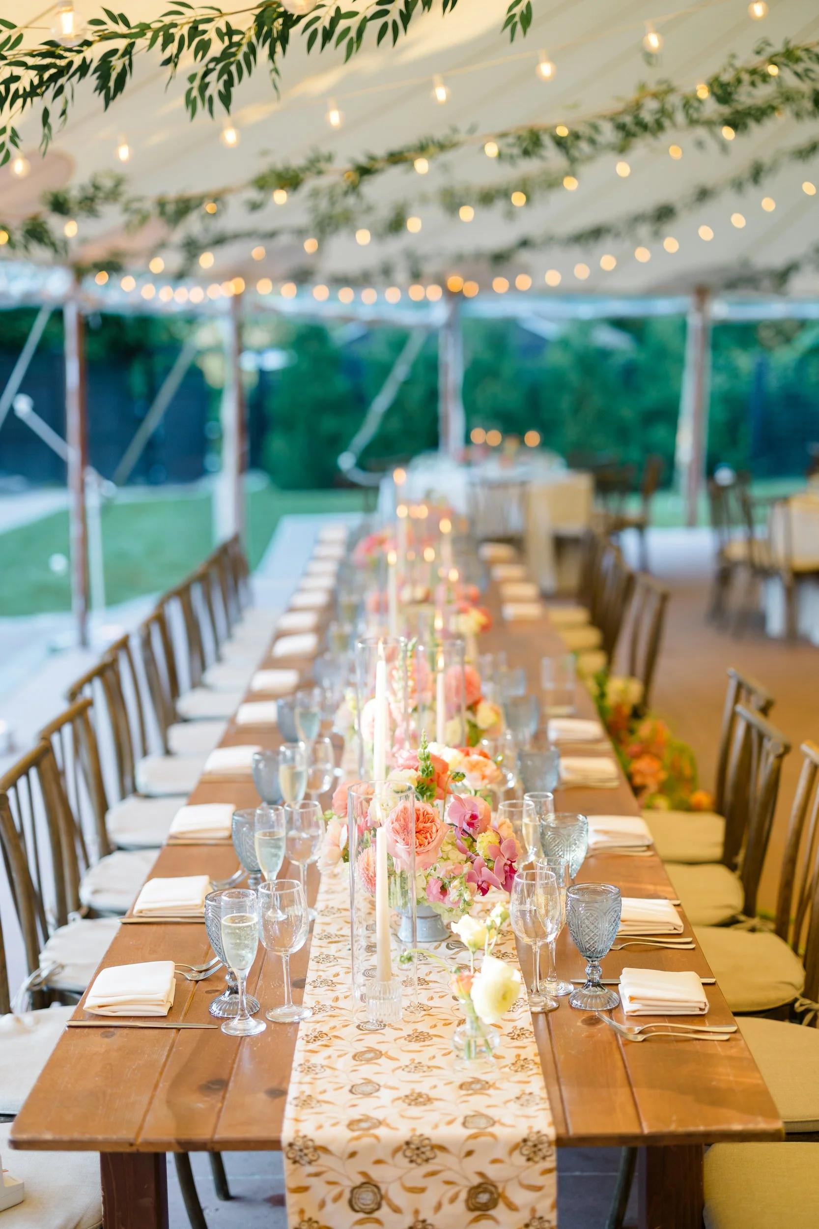Floral wedding reception design with amaranthus and anthuriums at Willowdale Estate