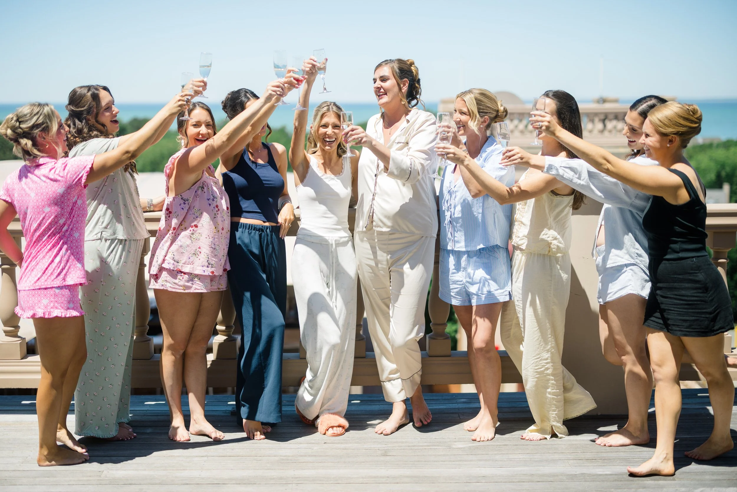 Bride getting ready with bridesmaids at Ocean Edge Resort