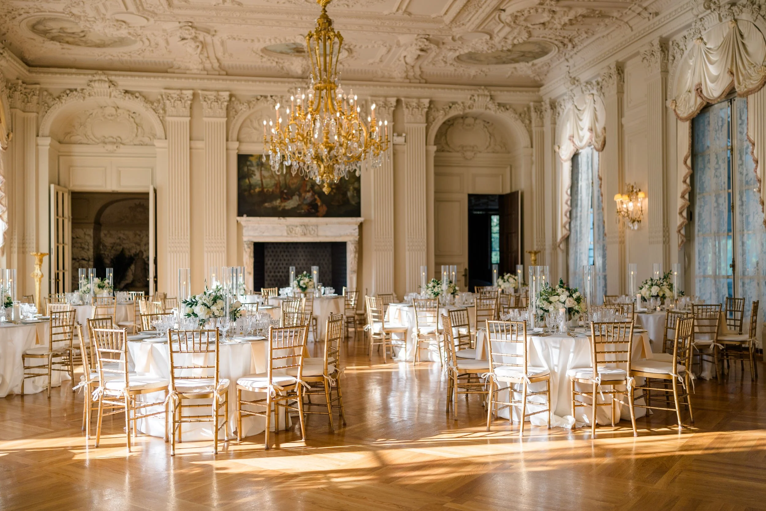 Reception details and tablescape at a Rosecliff wedding in Newport