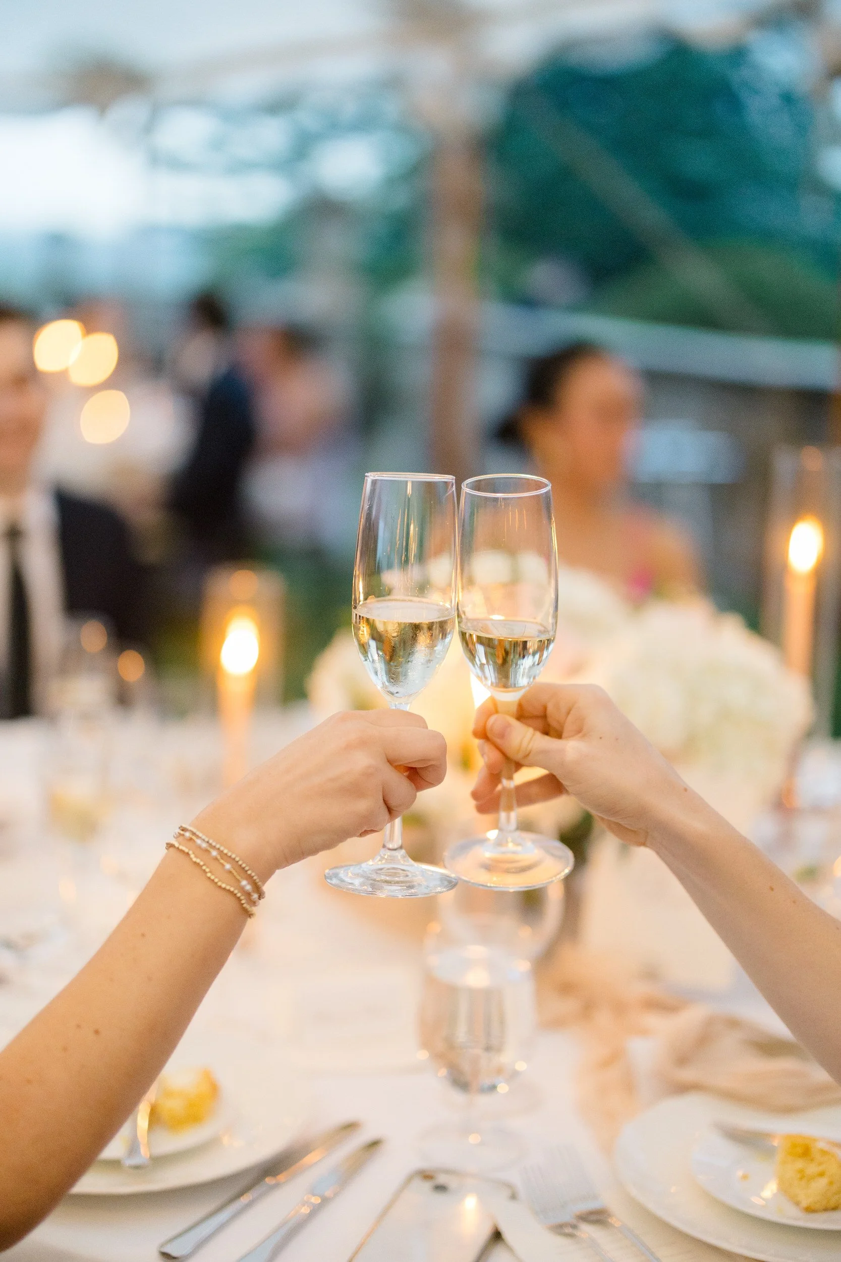 Guests cheering during heartfelt speeches at a romantic wedding reception at Castle Hill on the Crane Estate.