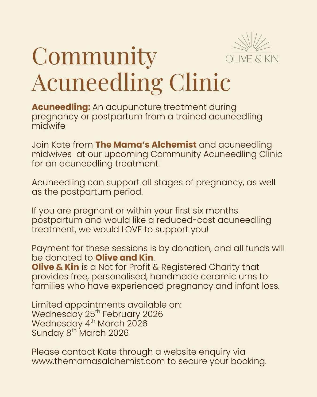 COMMUNITY ACUNEEDLING CLINIC

If you are currently pregnant or within your first six months postpartum, we would LOVE to see you at one of our upcoming Community Acuneedling Clinic days.

Treatments will be provided by trained acuneedling midwives on