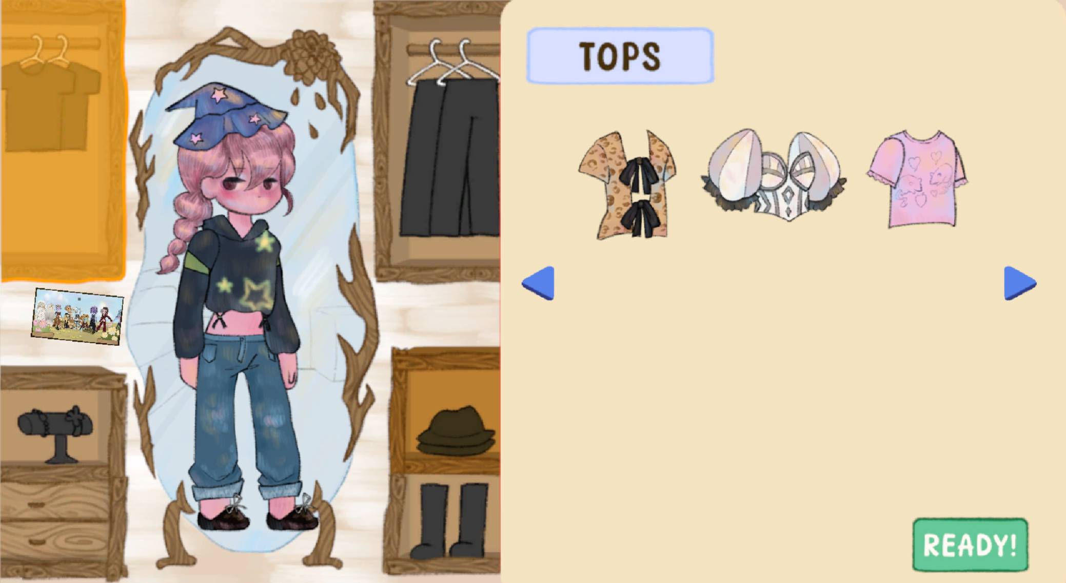 A gameplay still in the closet, which grows more populated as the player buys more clothing in game.