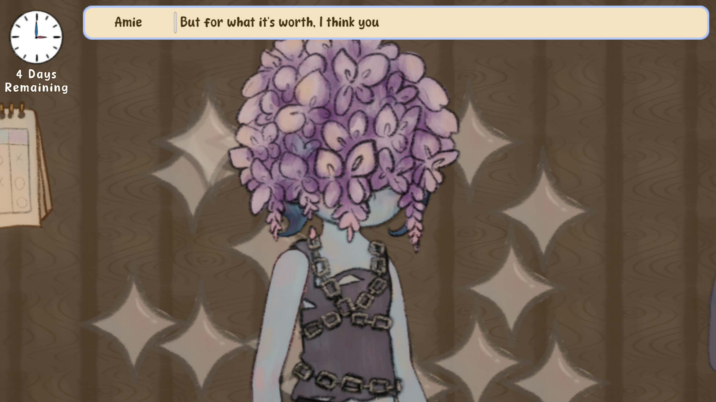 A character responds neutrally to the player's outfit choices.