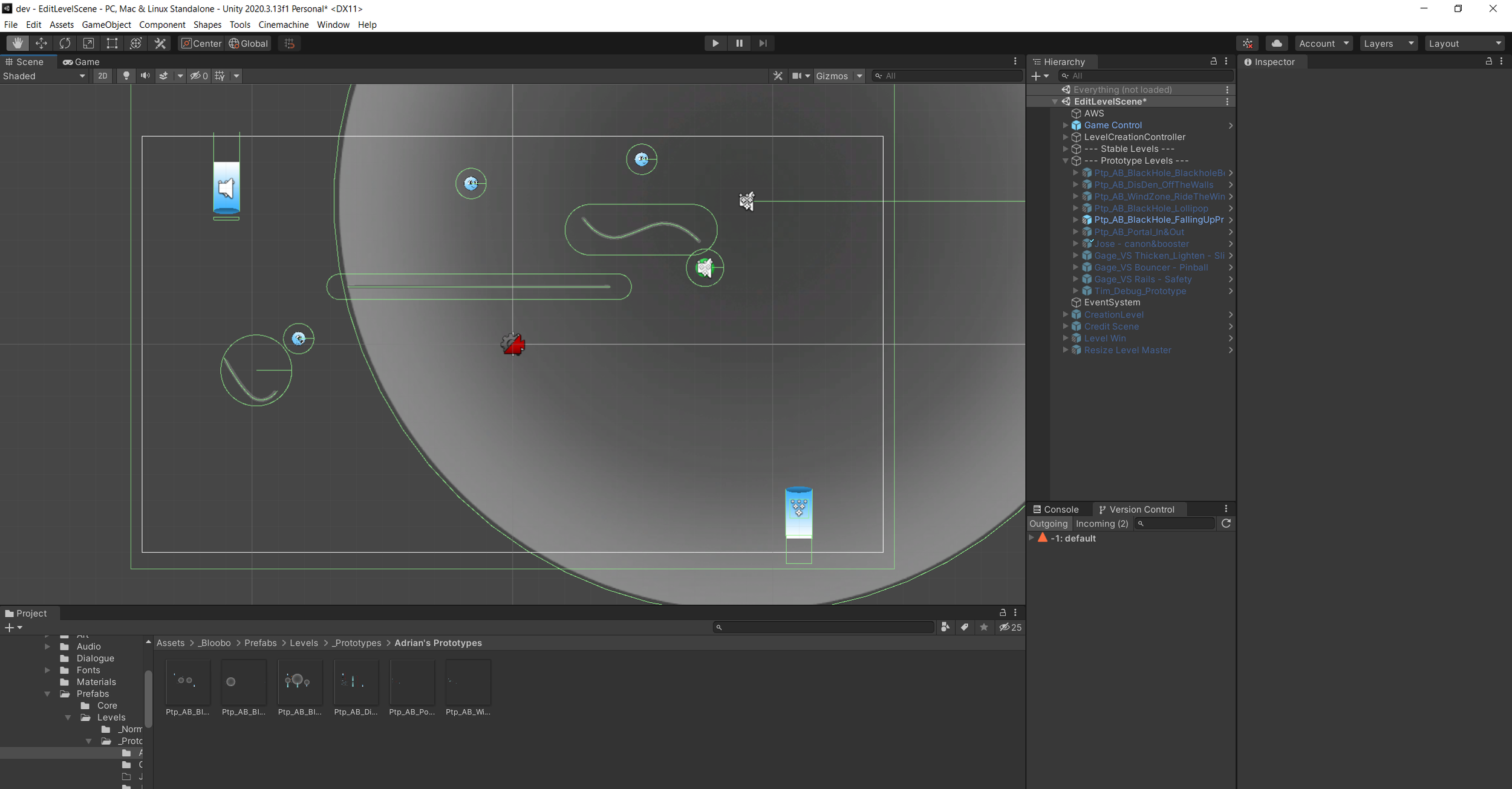 An in-editor view prototyping a level focusing on inverting the gravity of the playspace using the black hole mechanic.