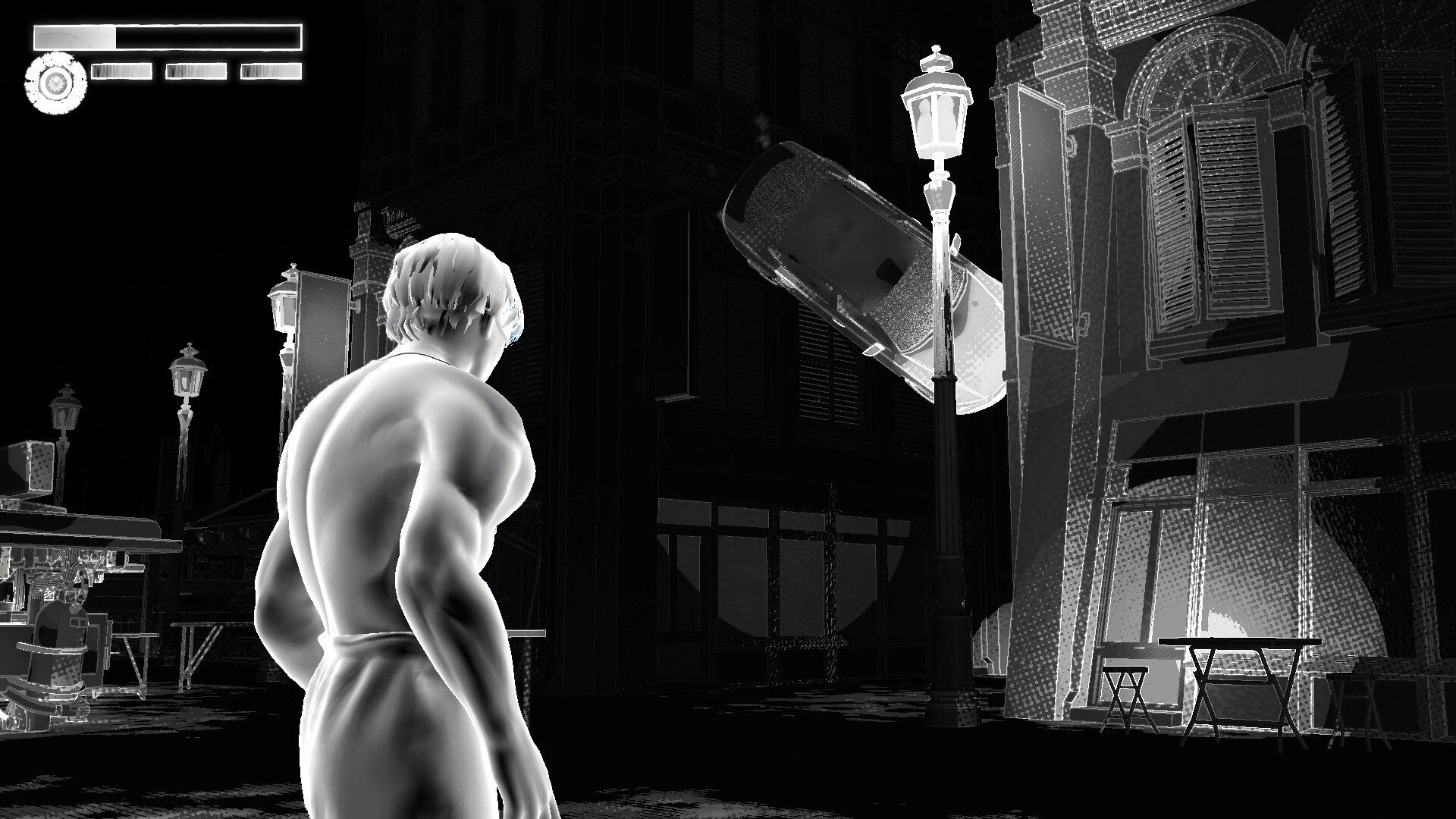Marketplace Pt.9) Post-beta marketplace still. Iterative passes on lighting and sound emission sources with the intention of guiding the player. Also attention paid to narrative set pieces.
