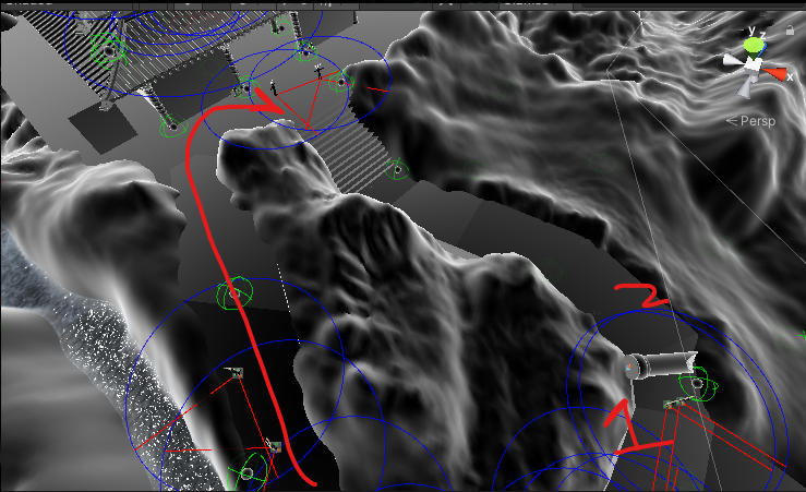 Yin-Realm Pt.6) The delivery of long-awaited shader updates allows the team to finally start testing planned enemy layouts (as seen above in a photo from a design meeting on the state of the Yin Realm).