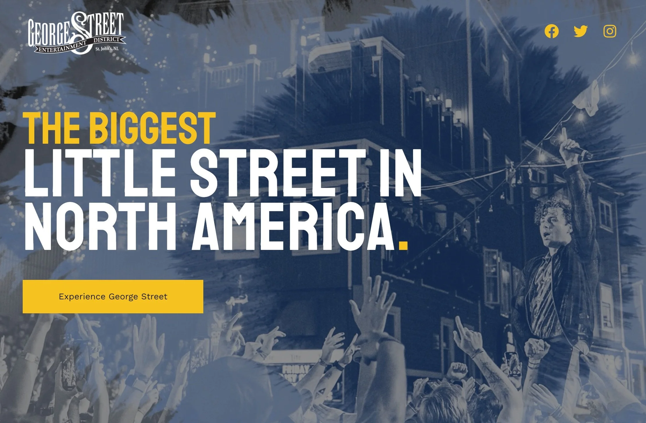 Promotional flyer for George Street District entertainment with a background of an outdoor crowd and performer, text promoting the district as the biggest little street in North America, with social media icons and a button saying 'Experience George 