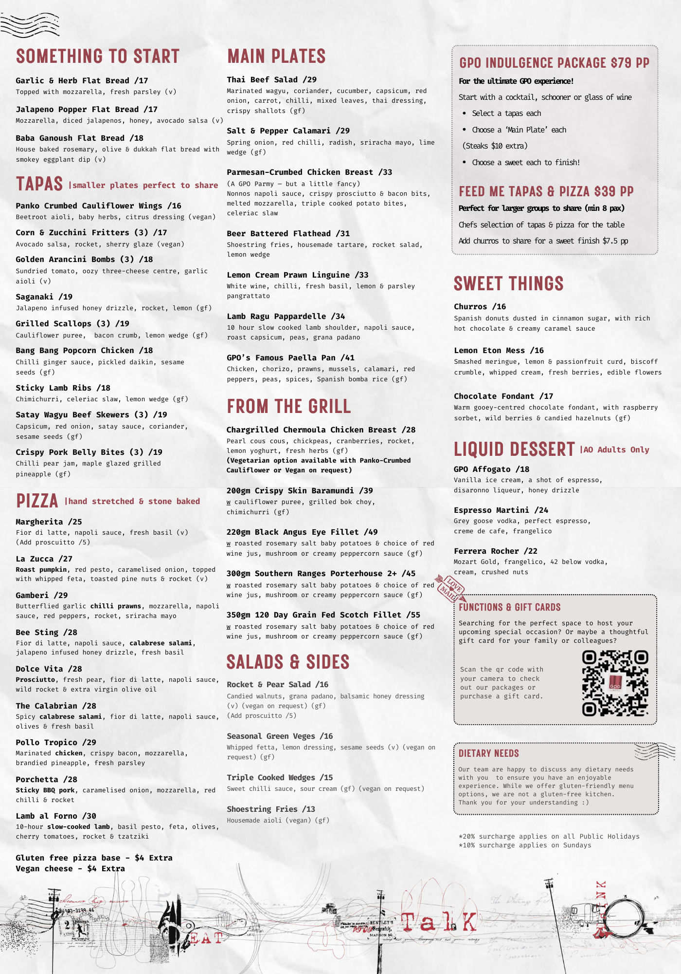 Menu featuring categories such as 'Something to Start,' 'Main Plates,' 'Feed Me Tapas & Pizza,' 'Sweet Things,' 'From the Grill,' 'Pizza,' 'Salads & Sides,' and sections for 'Liquid Dessert,' 'Functions & Gift Cards,' with various dishes, prices, and descriptions.