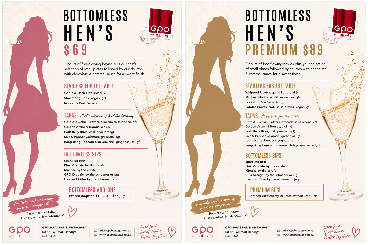 Bottomless Hens Party at GPO Bendigo featuring shared tapas, cocktails and premium drinks packages for hens celebrations.
