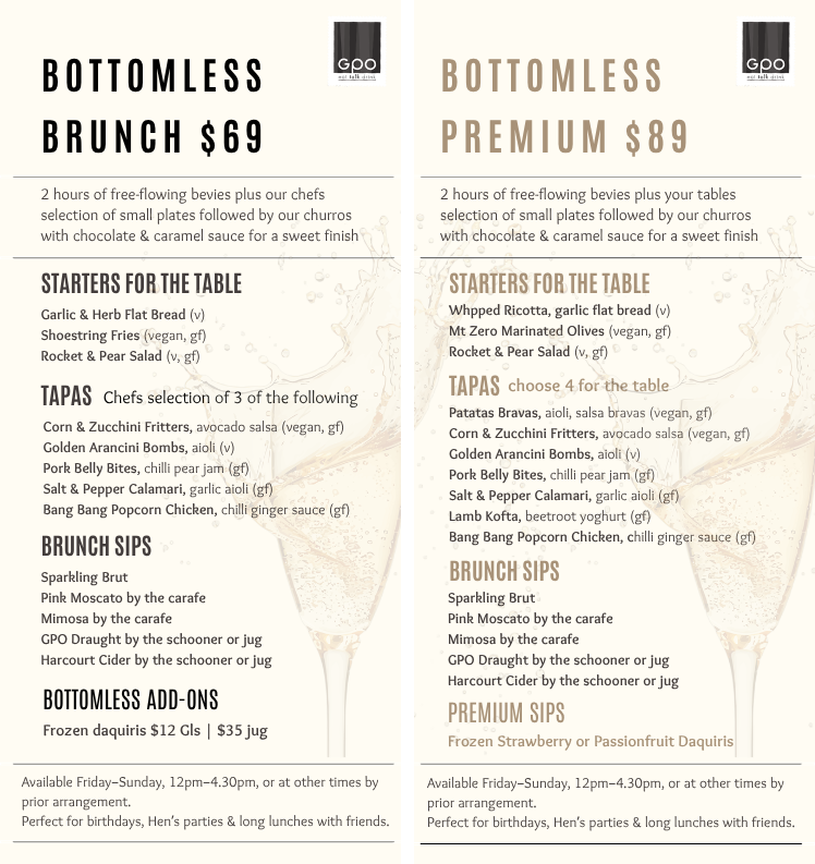Bottomless Brunch at GPO Bendigo featuring shared tapas, cocktails and drinks packages, available Friday to Sunday.