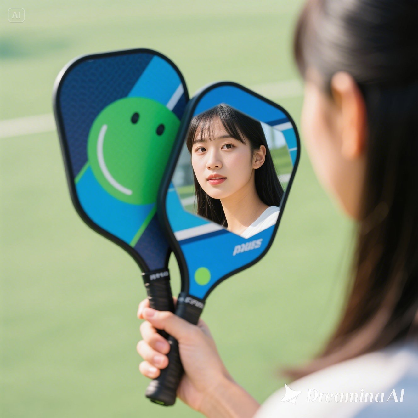 jimeng-2025-05-13-160-close up shot of 2 sides of a pickleball paddle on a girl's hand, one of them ....jpeg