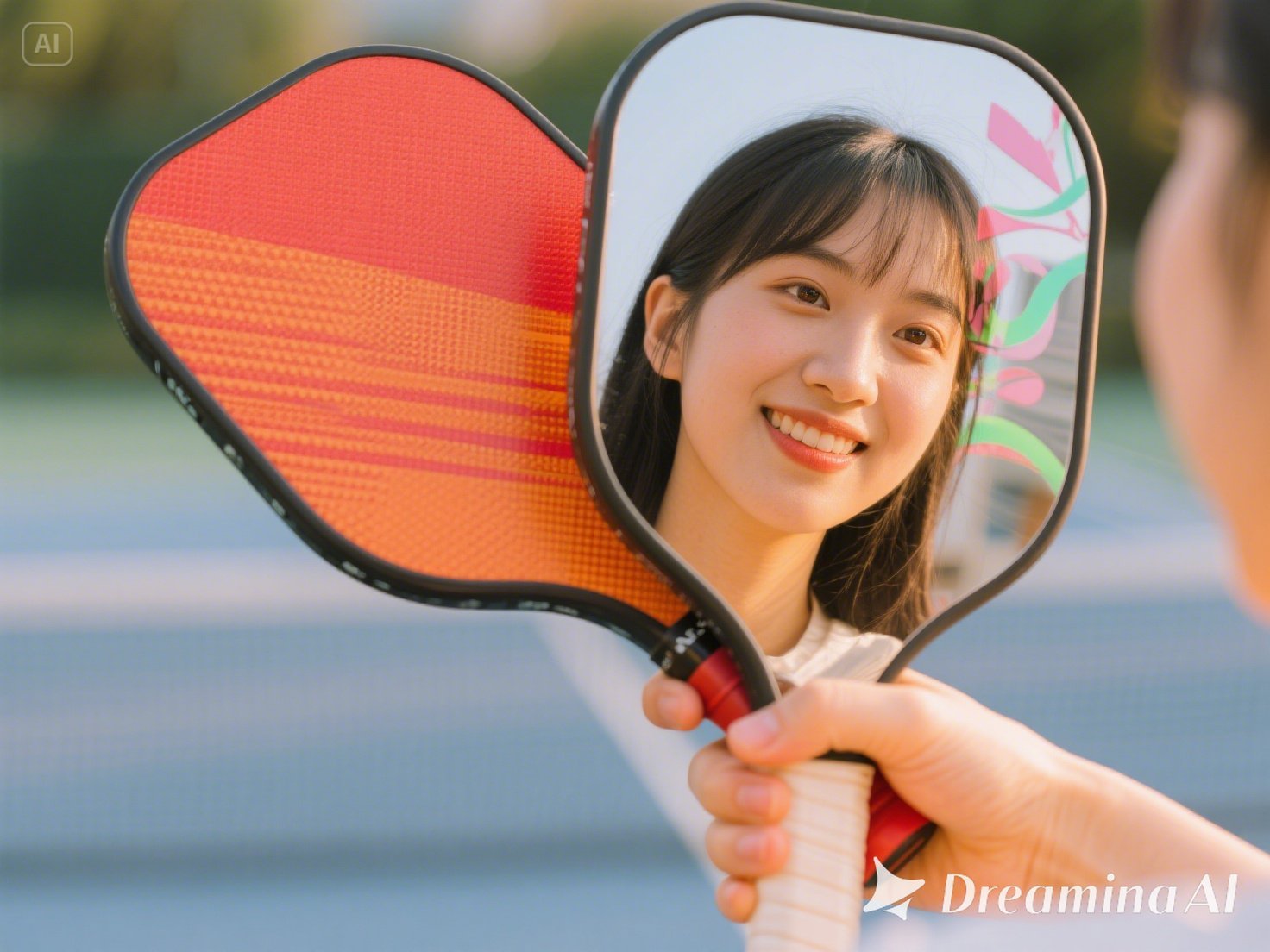 jimeng-2025-05-13-843-close up shot of 2 sides of a pickleball paddle on a girl's hand, one of them ....jpeg