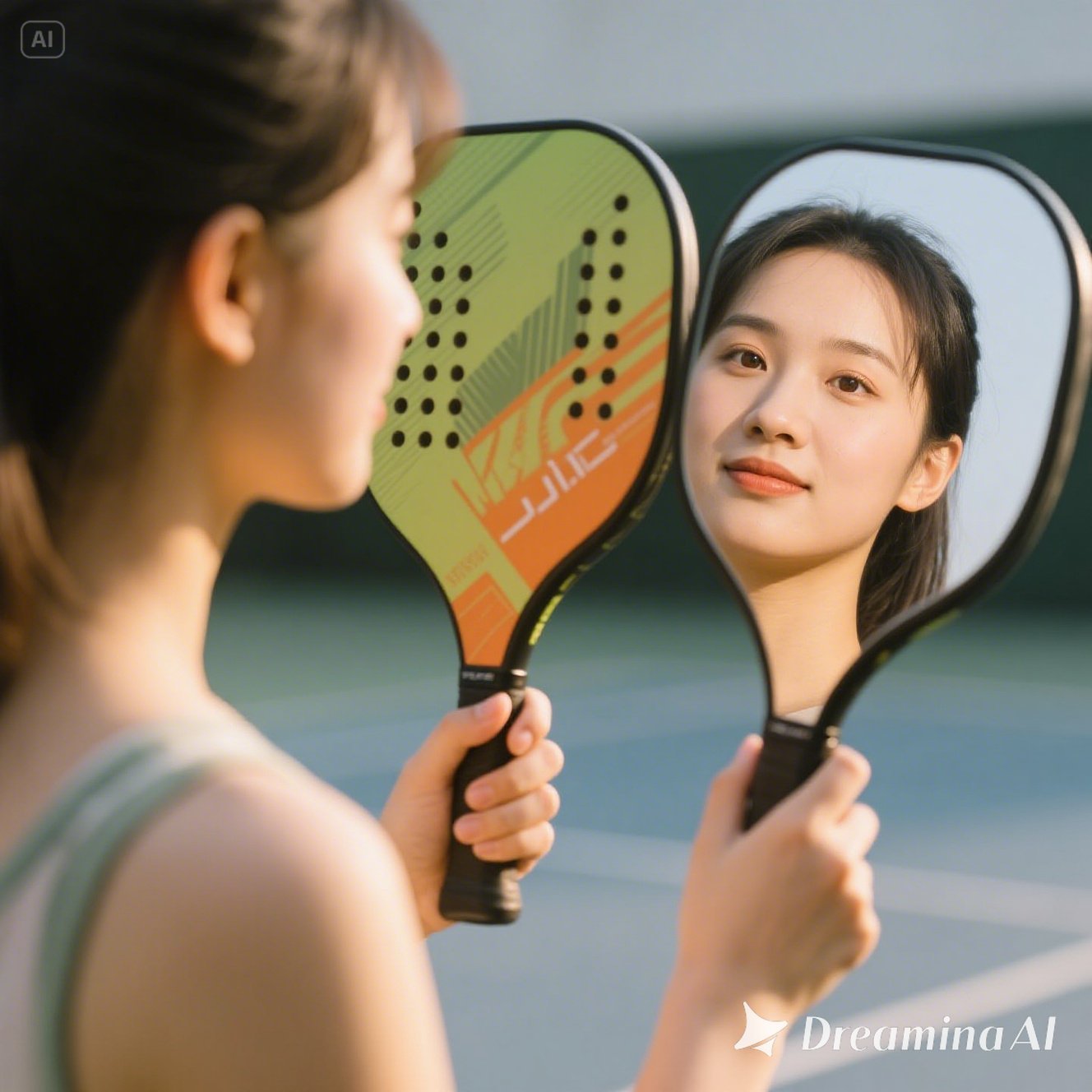 jimeng-2025-05-13-845-close up shot of 2 sides of a pickleball paddle on a girl's hand, one of them ....jpeg