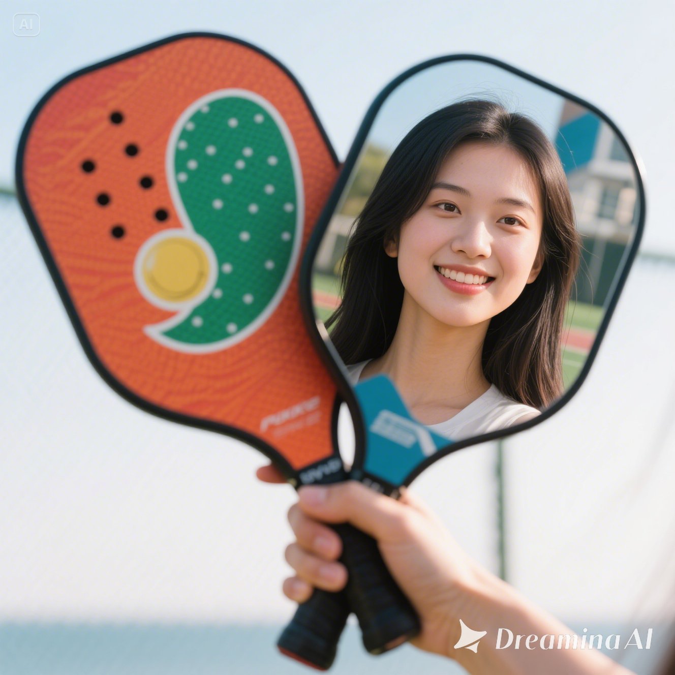 jimeng-2025-05-13-161-close up shot of 2 sides of a pickleball paddle on a girl's hand, one of them ....jpeg