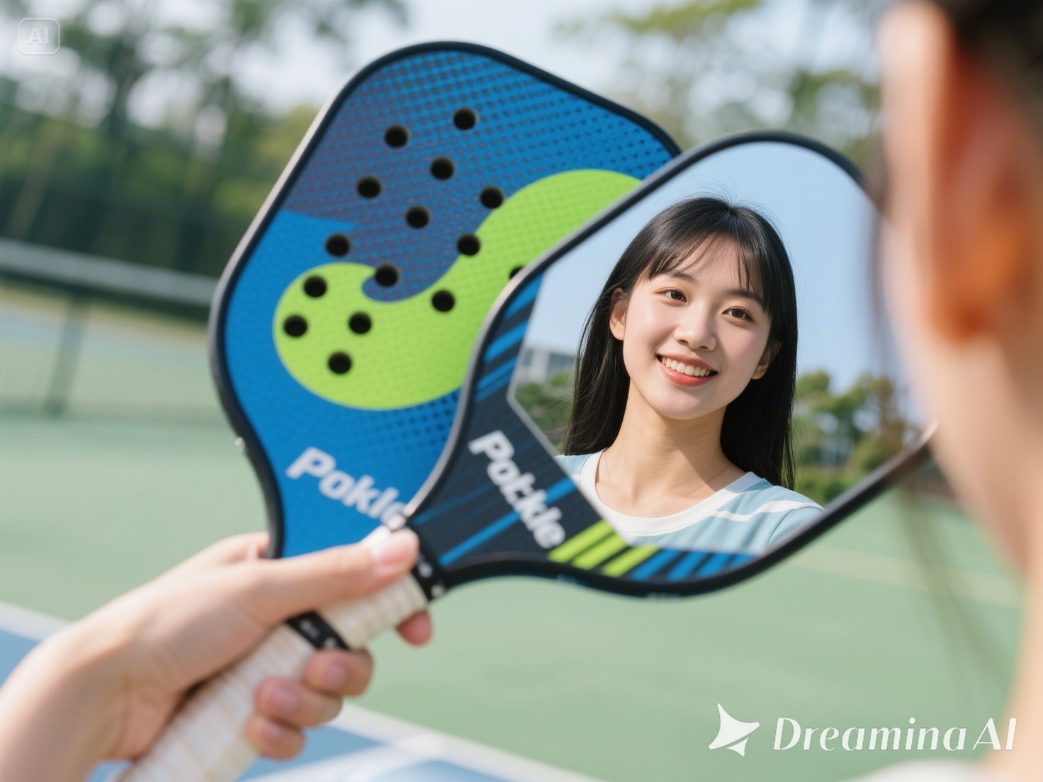 jimeng-2025-05-13-842-close up shot of 2 sides of a pickleball paddle on a girl's hand, one of them ....jpeg