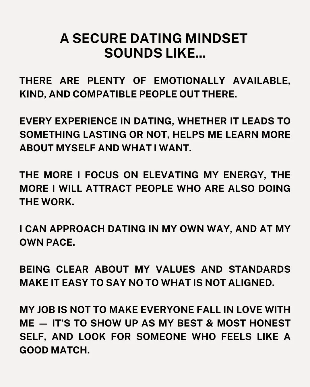 Dating feels very different when you&rsquo;re coming from a place of security rather than fear.
You&rsquo;re no longer scanning for rejection or scrambling to prove your worth. Instead, you&rsquo;re able to be curious, self-respecting, and discerning