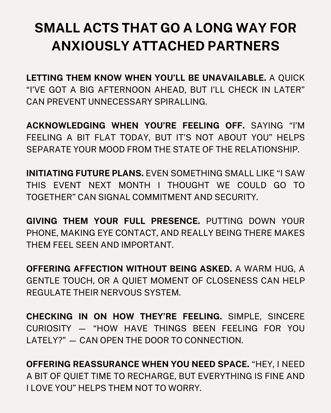 When you're in a relationship with someone who has an anxious attachment style, the smallest things can have the biggest impact.

It doesn&rsquo;t need to be about grand gestures &mdash; it's the everyday moments of consistency, presence, and care th
