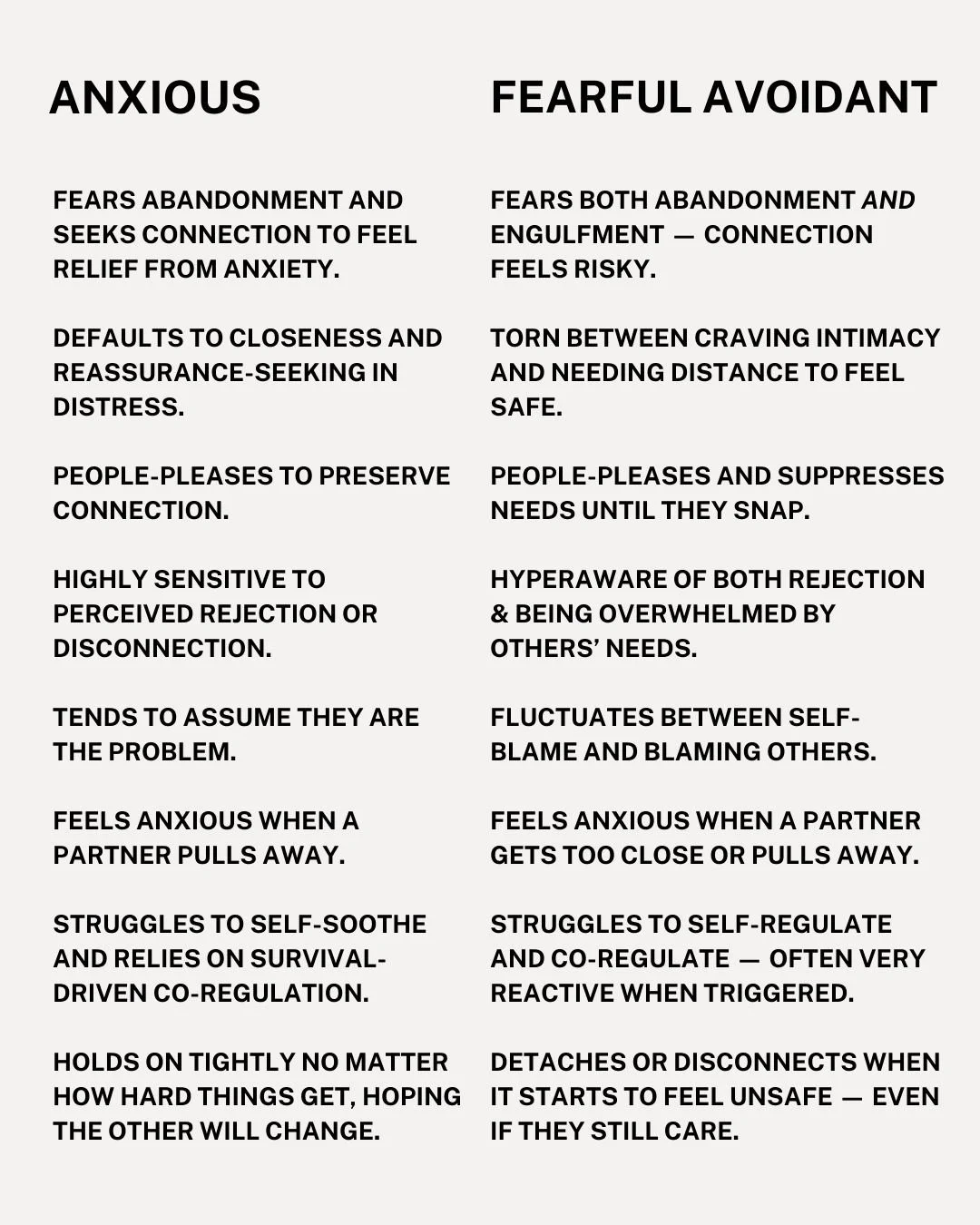 Anxious and fearful avoidant attachment styles can look similar in a lot of ways.

✅ Both rank high on relational anxiety.
✅ Both can struggle with self-regulation.
✅ Both carry deep trust wounds and fear rejection &amp; abandonment.

But at the core